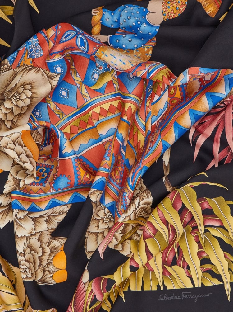 Ferragamo India Print Silk Scarf In Black