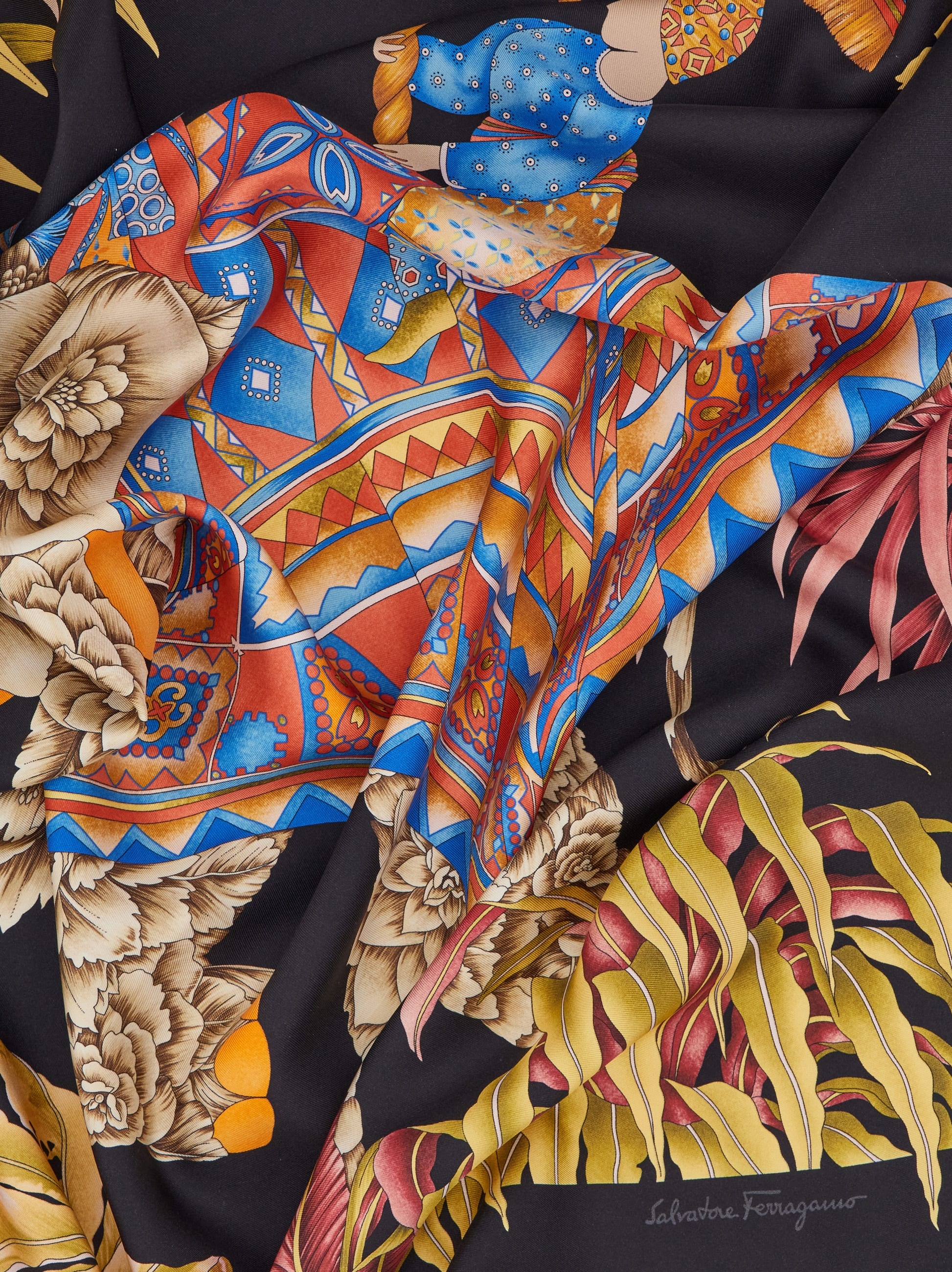 Ferragamo India Print Silk Scarf In Black