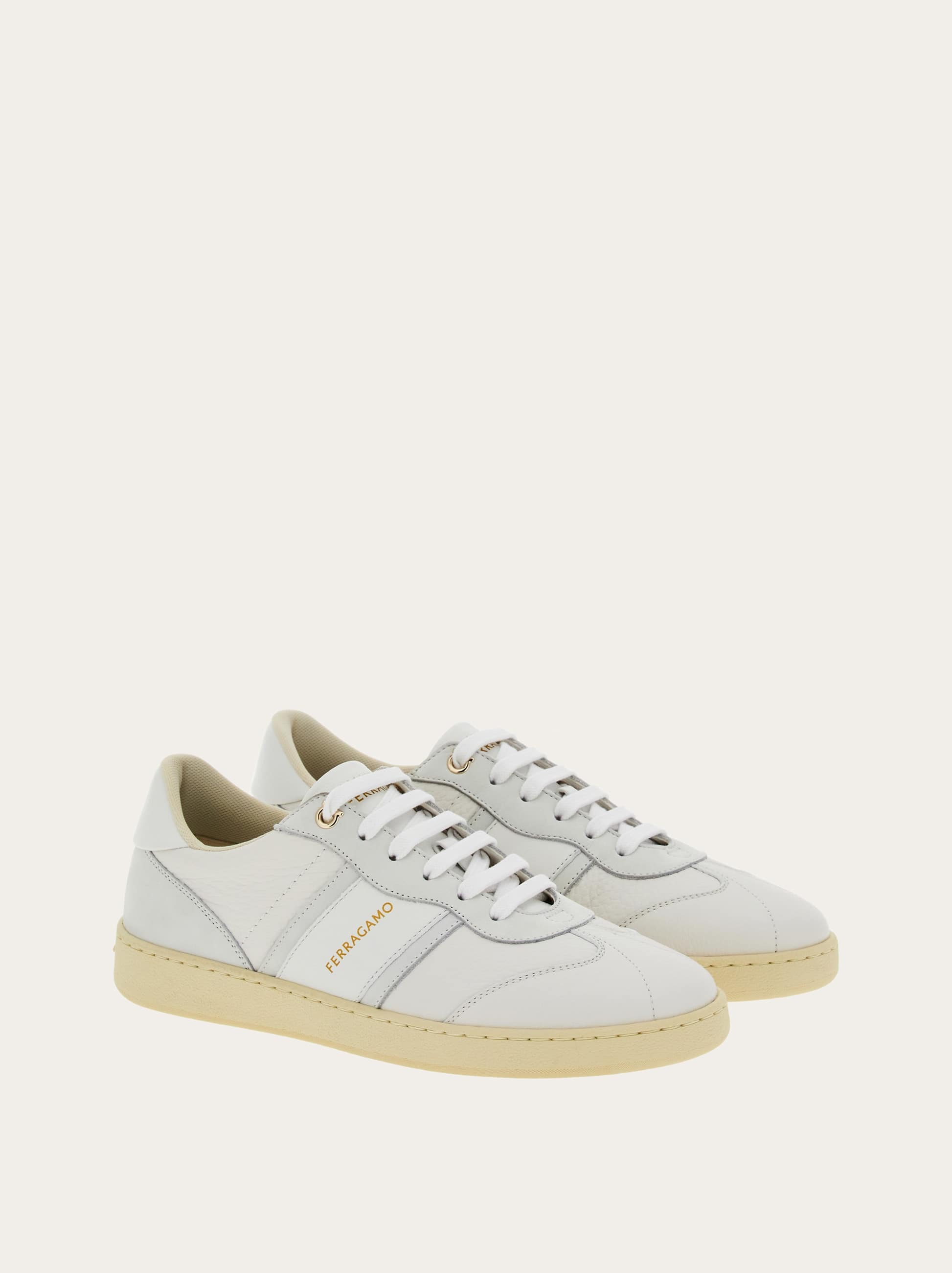Ferragamo Achilles Mixed Leather Low-top Sneakers In White