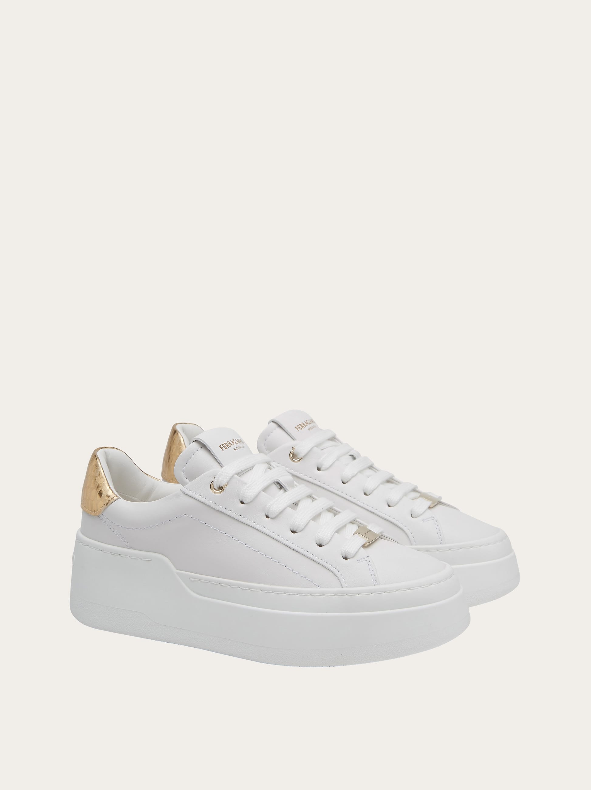 Ferragamo Leather Sneakers With Contrasting Heel Tab In White