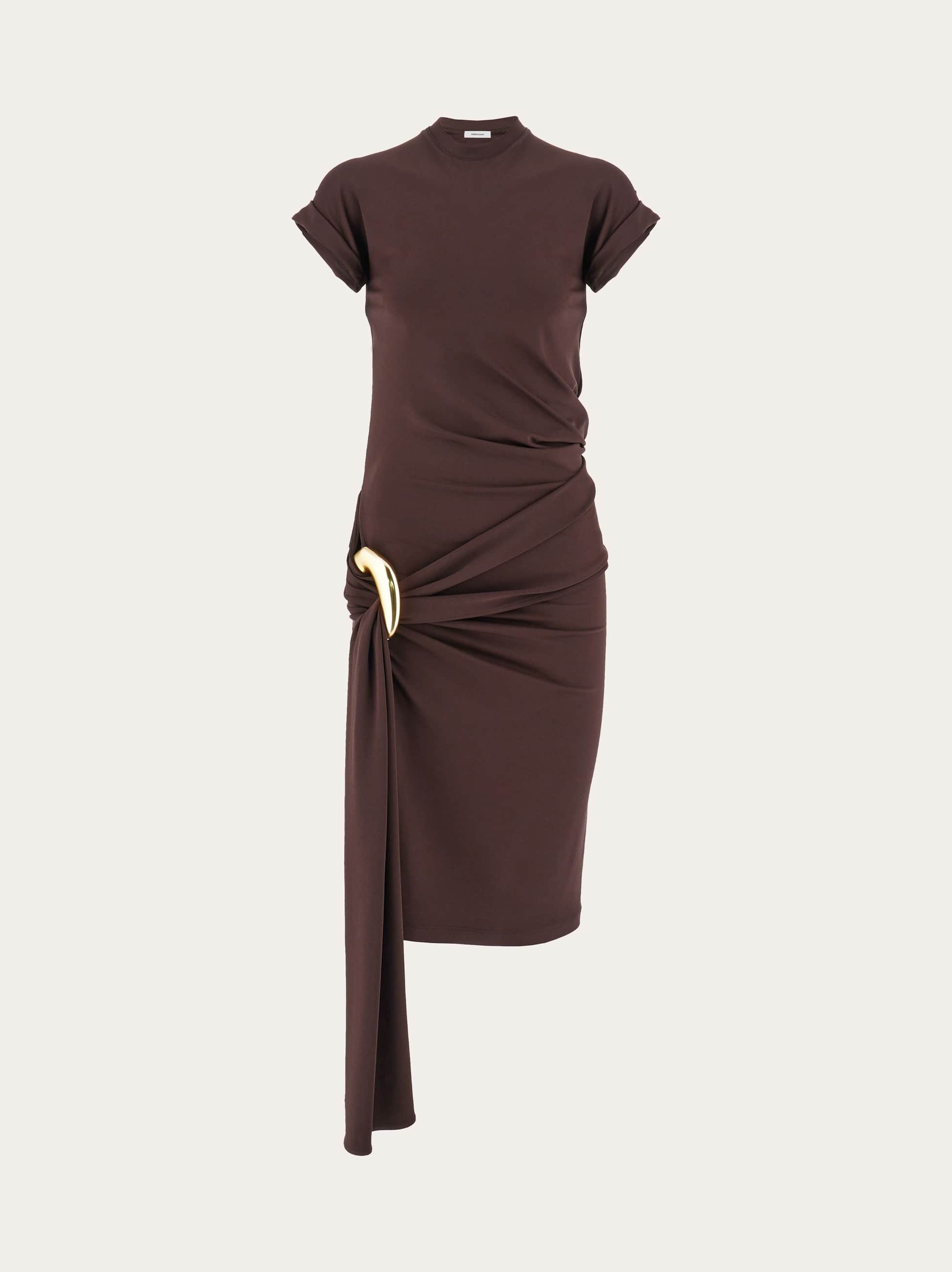 Ferragamo Short Dress With Sash And Metal Ring Accent In Brown