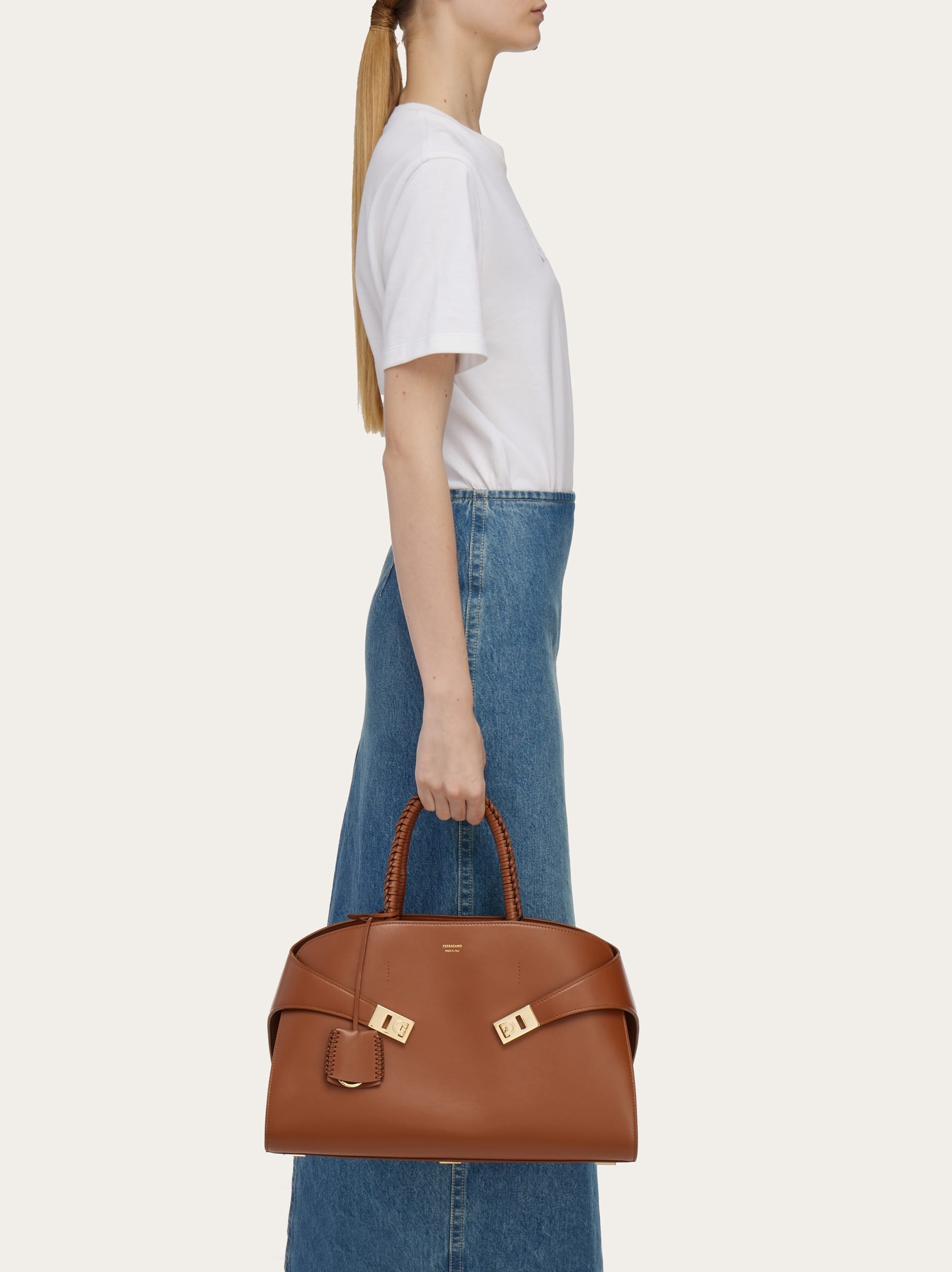 Ferragamo Woven Handle Shoulder Bag In Brown