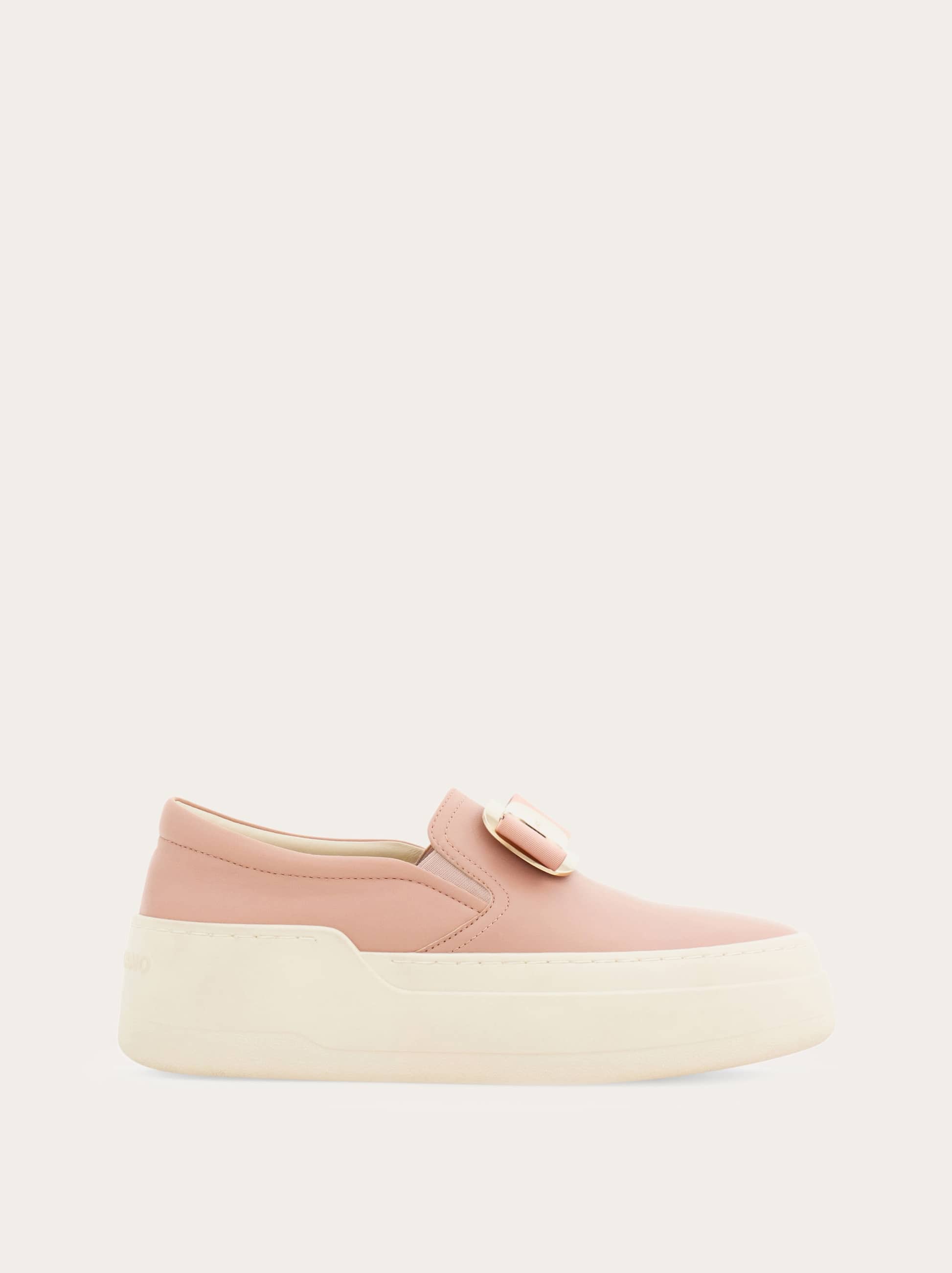 Ferragamo Gold Buckle Soft Leather Slip-on Sneaker In Pink