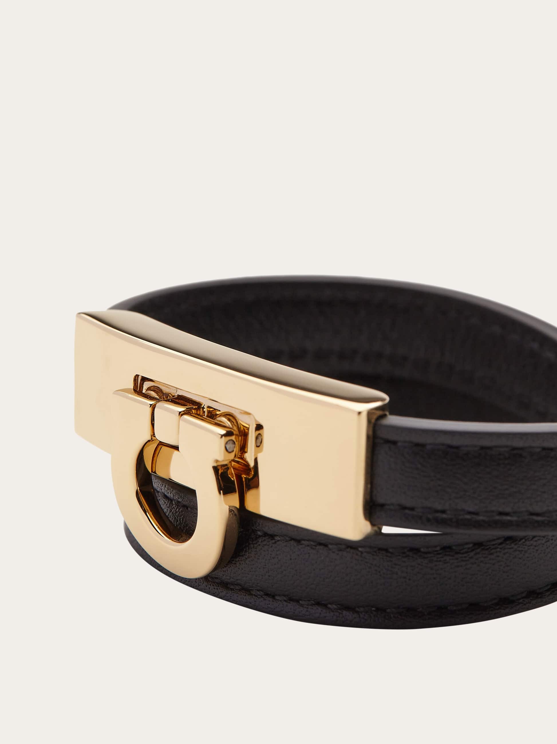Ferragamo Gancini Black Double Twist Bracelet In Leather Woman In Black