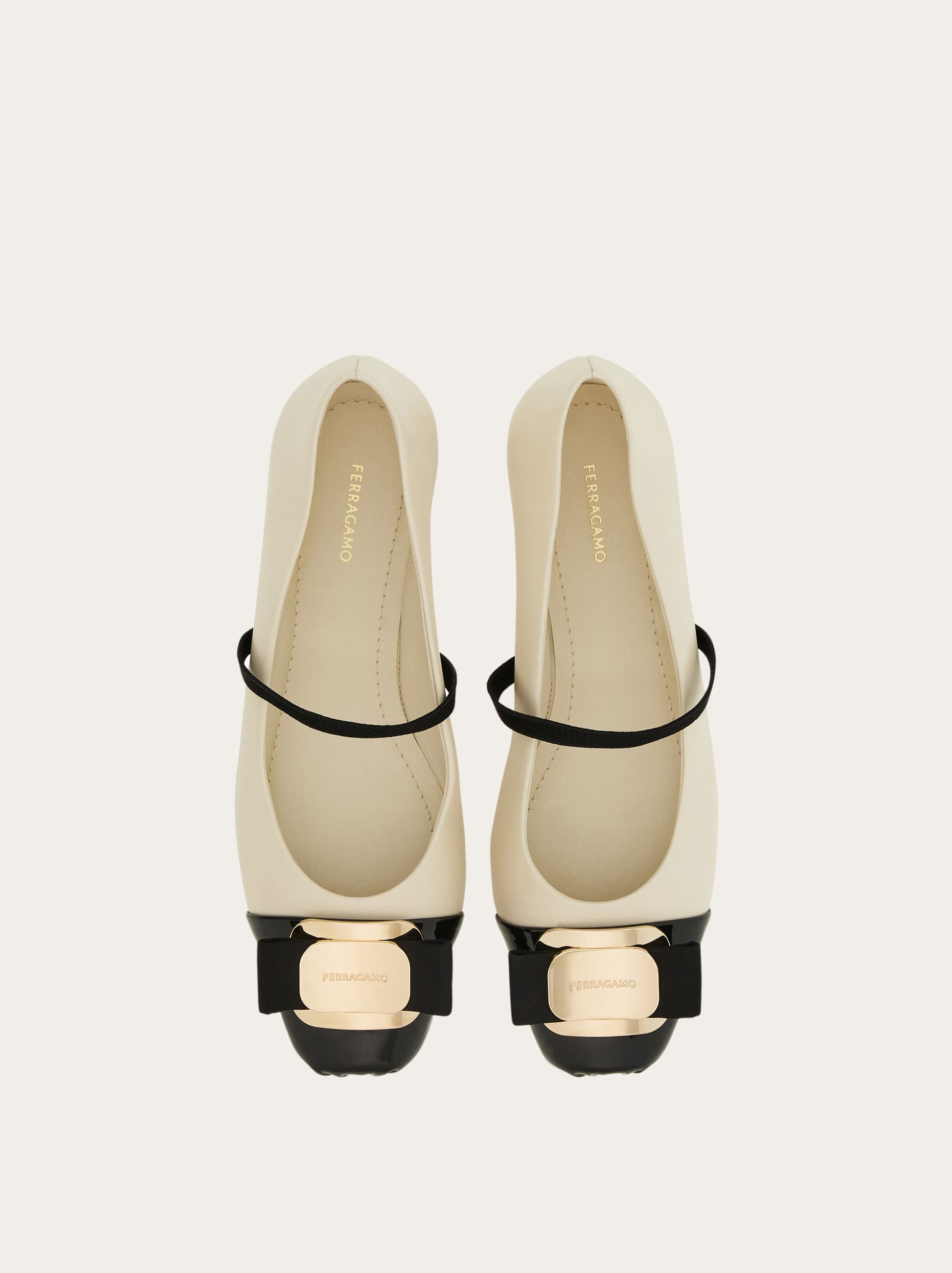 Ferragamo Vara Plate Two-tone Ballet Shoes In White