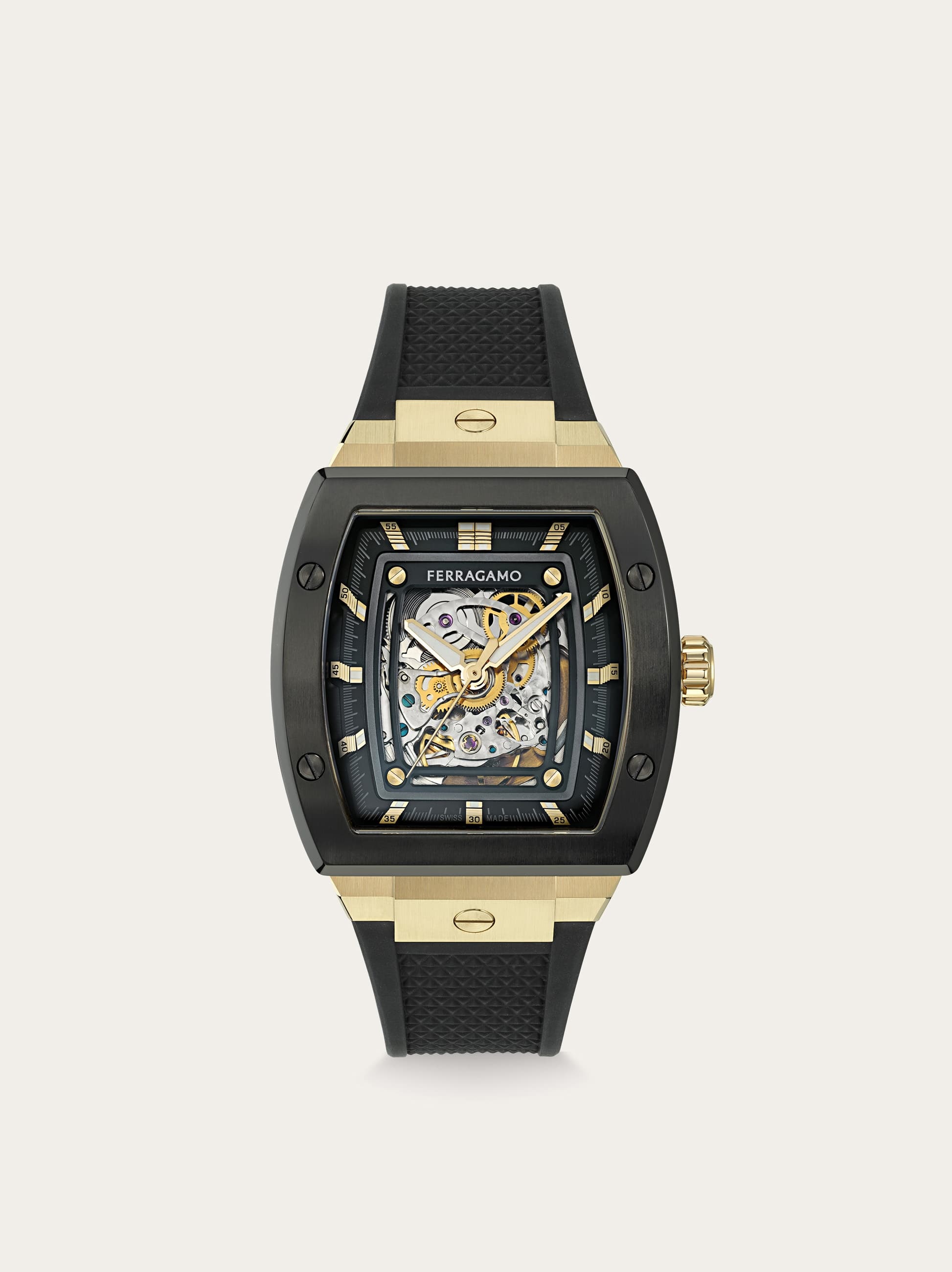 Ferragamo F-80 Tonneau Skeleton 42mm In Black