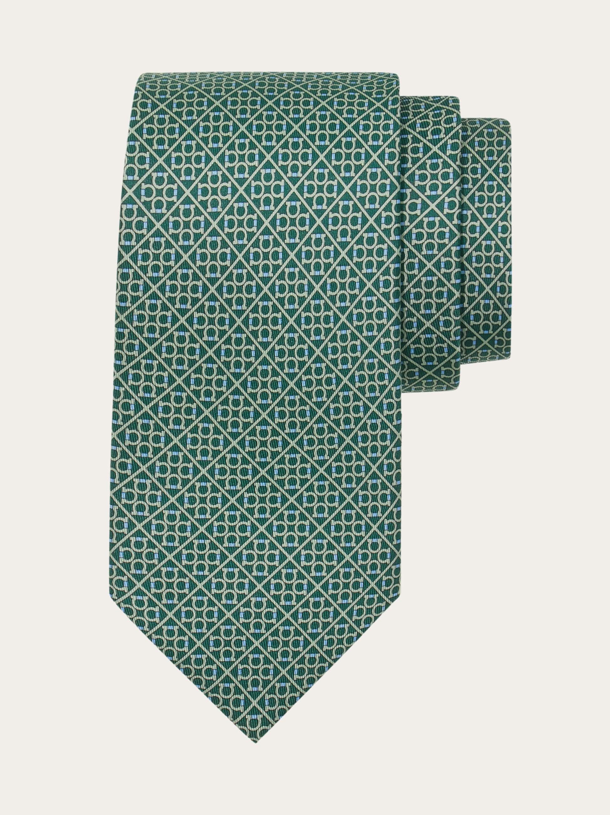 Ferragamo Square Gancini Print Silk Tie In Green