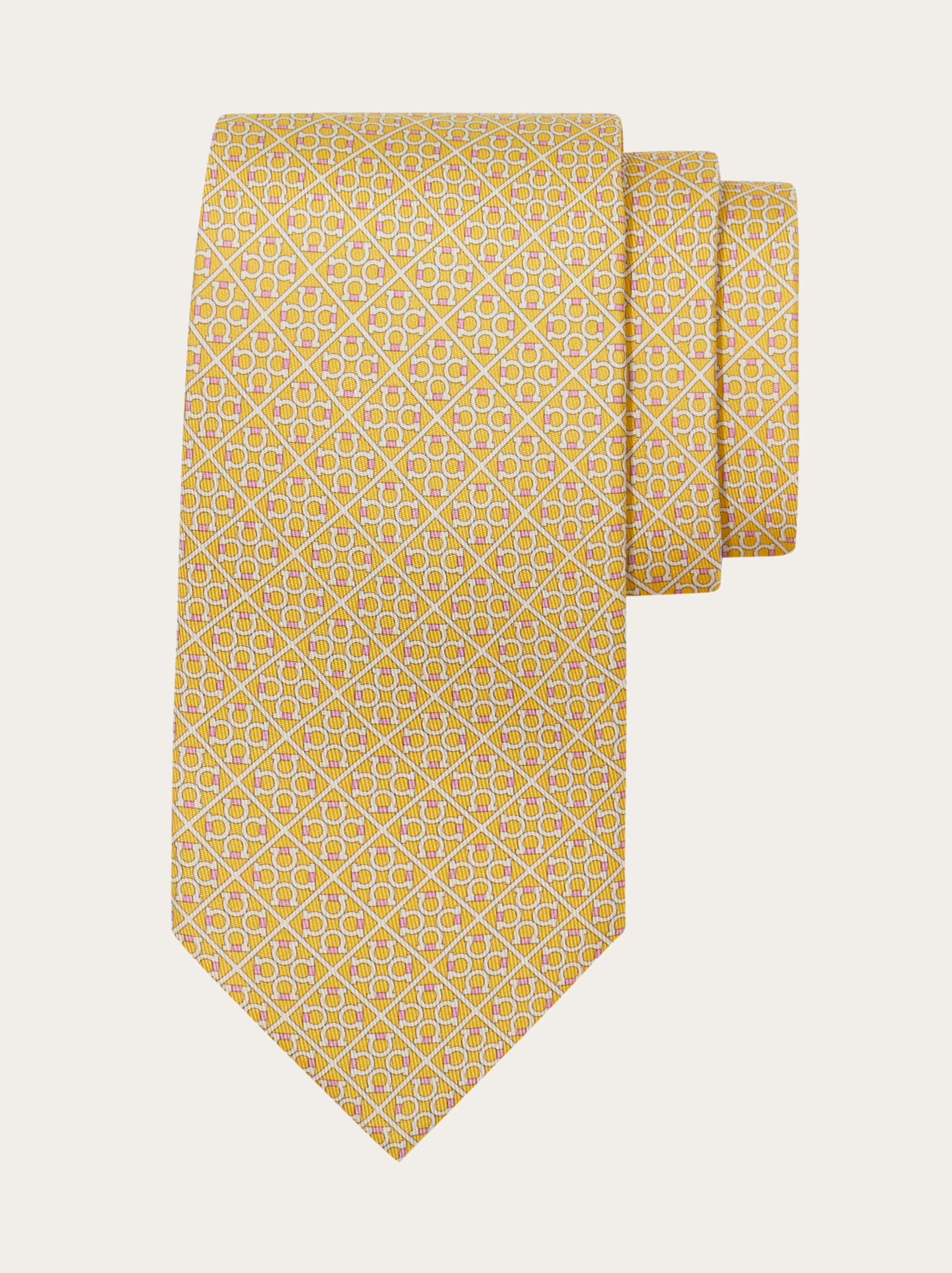 Ferragamo Square Gancini Print Silk Tie In Yellow