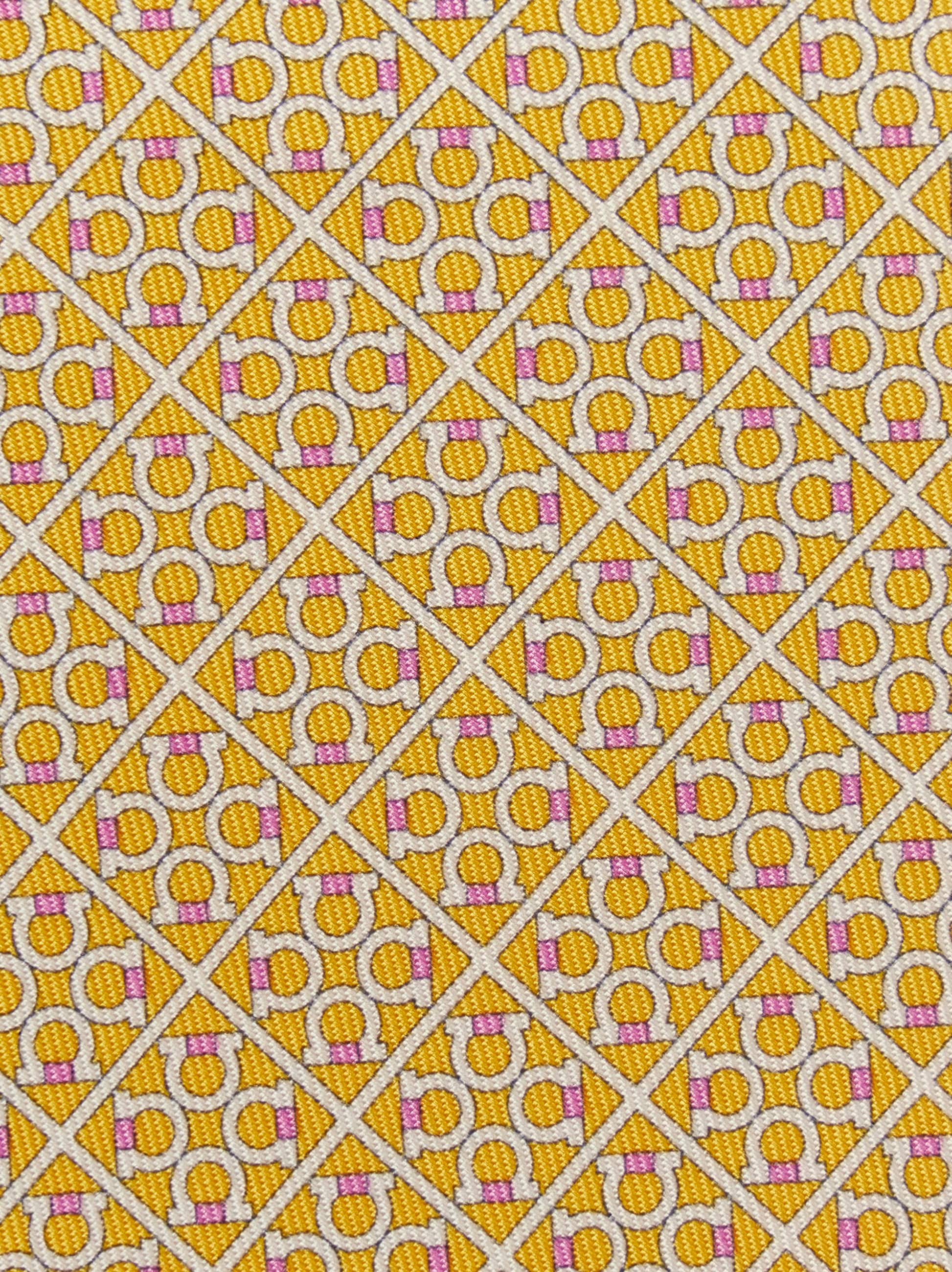 Ferragamo Square Gancini Print Silk Tie In Yellow