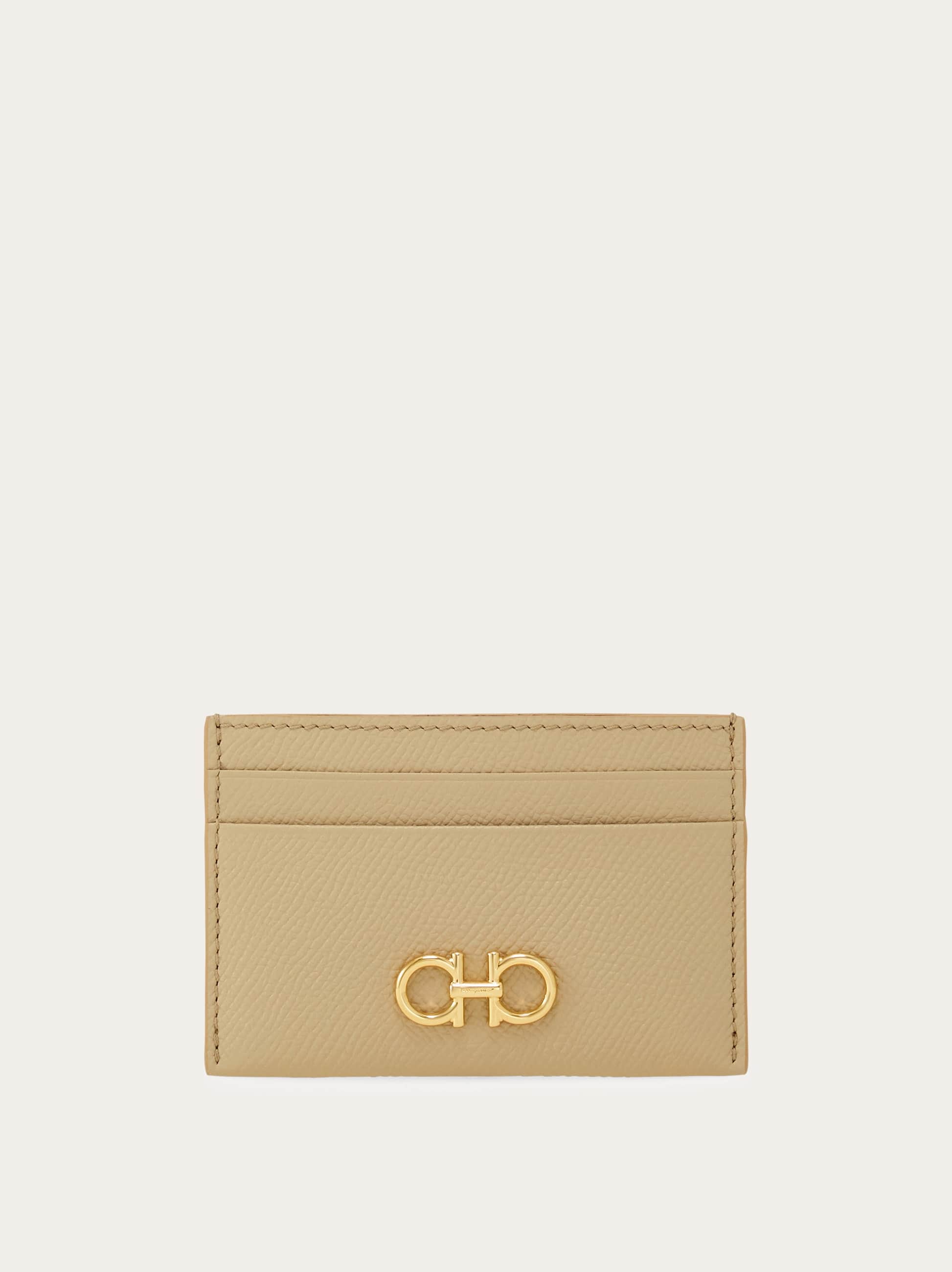 Ferragamo Gancini Leather Cardholder In Beige