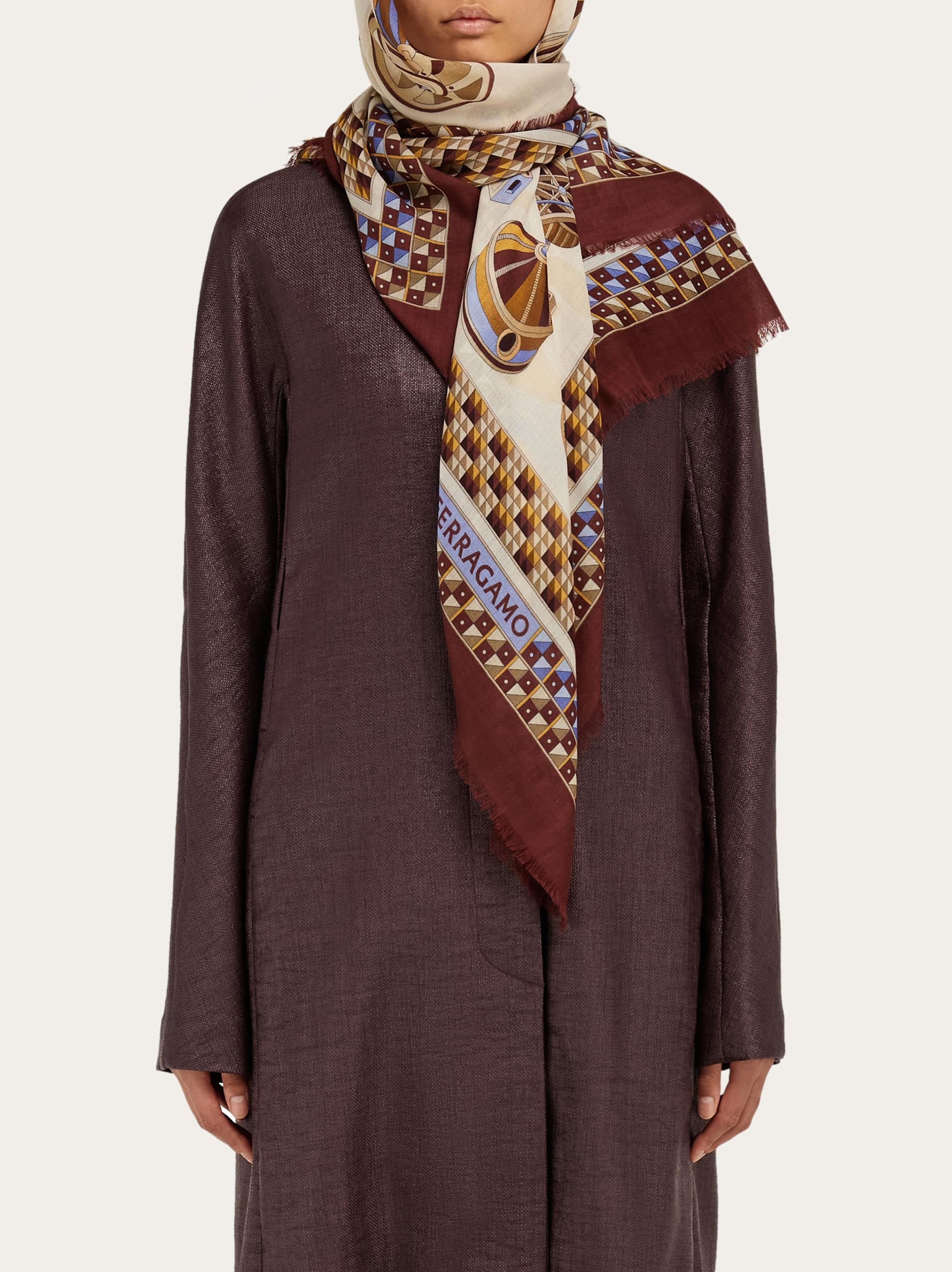 Ferragamo Geometrical Renaissance Print-cashmere Shawl In Red