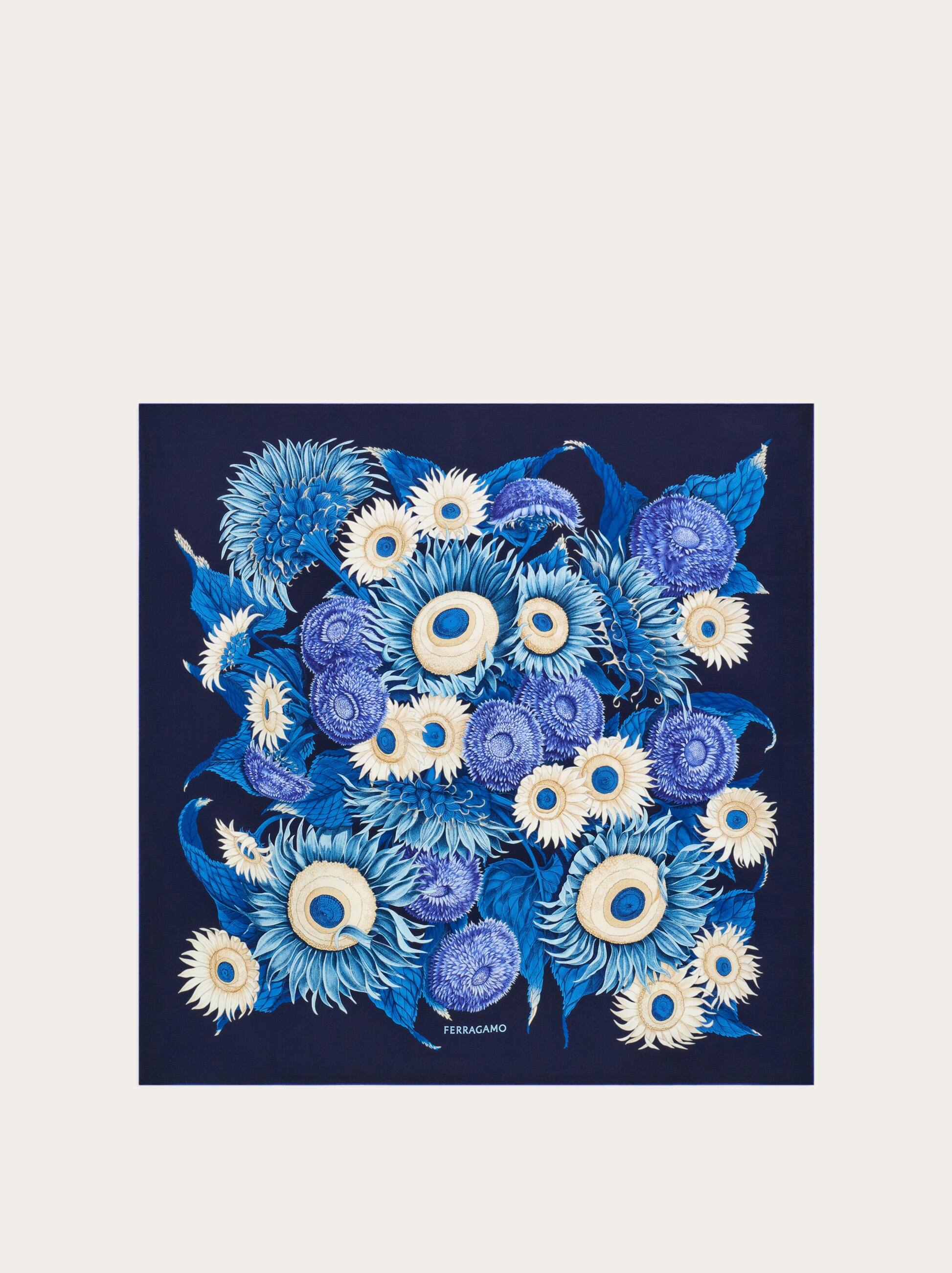 Ferragamo Sunflower Print Silk Scarf In Blue