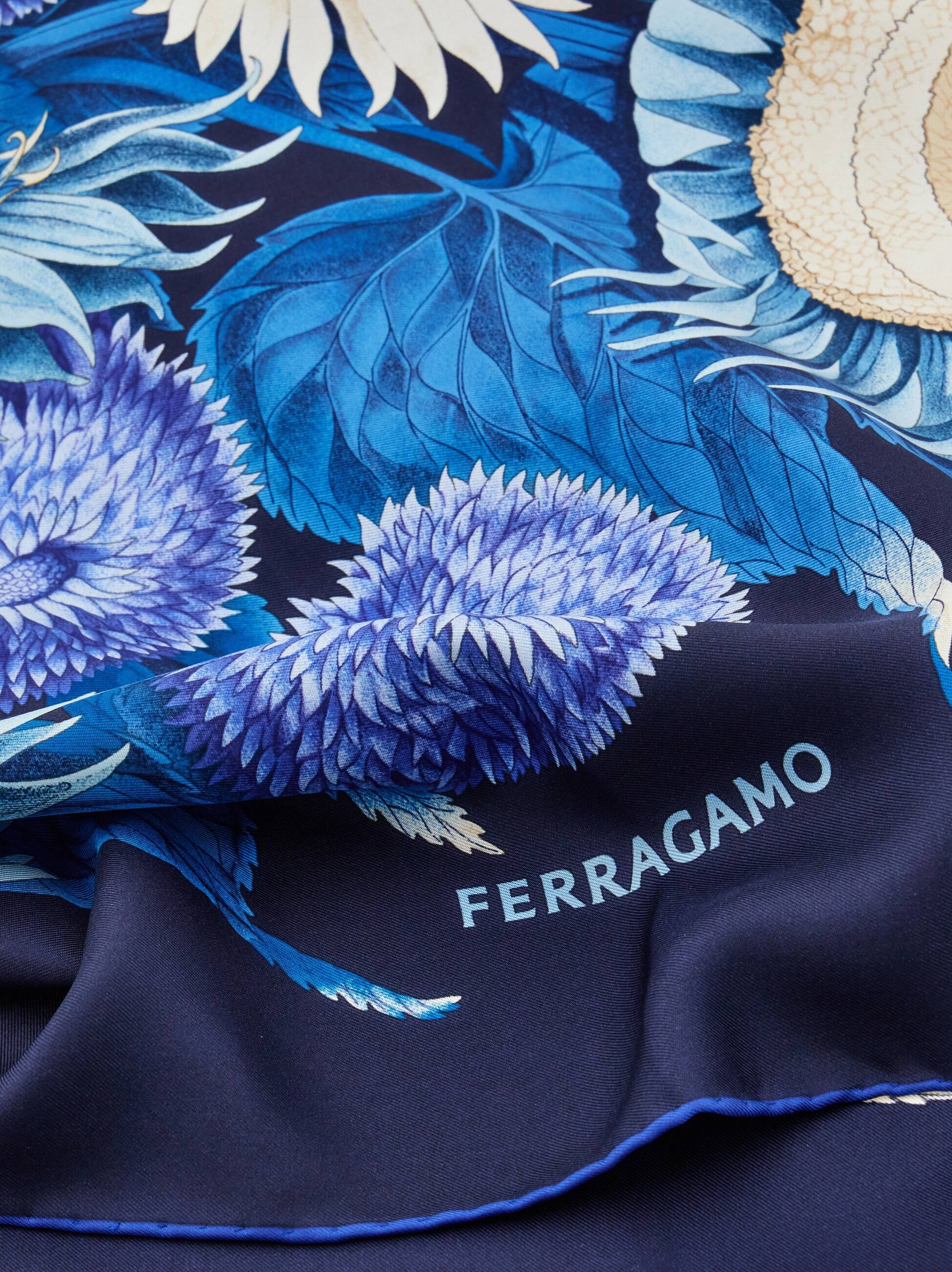 Ferragamo Sunflower Print Silk Scarf In Blue