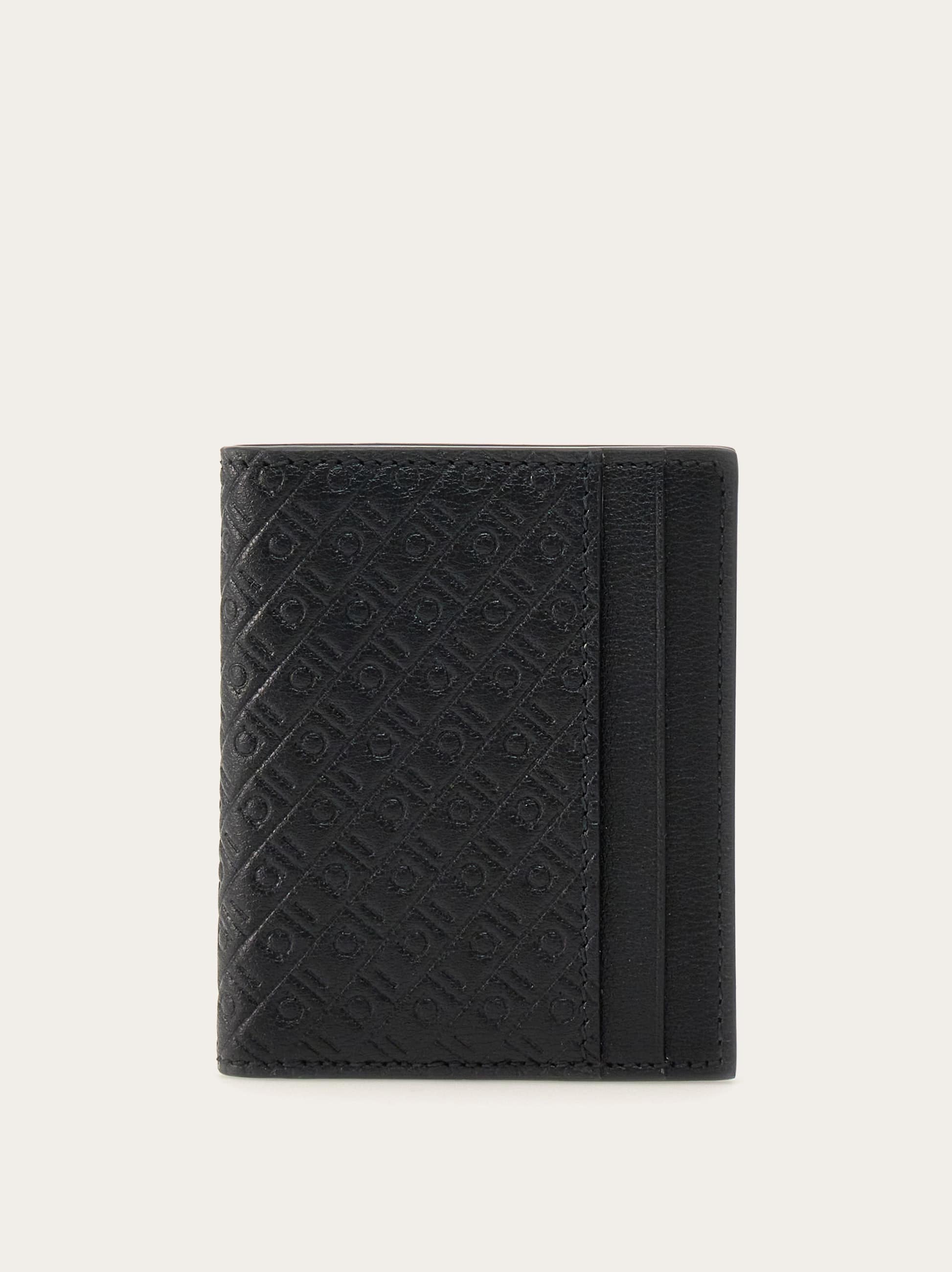 Ferragamo Compact Leather Card Holder With Embossed Pattern In Black