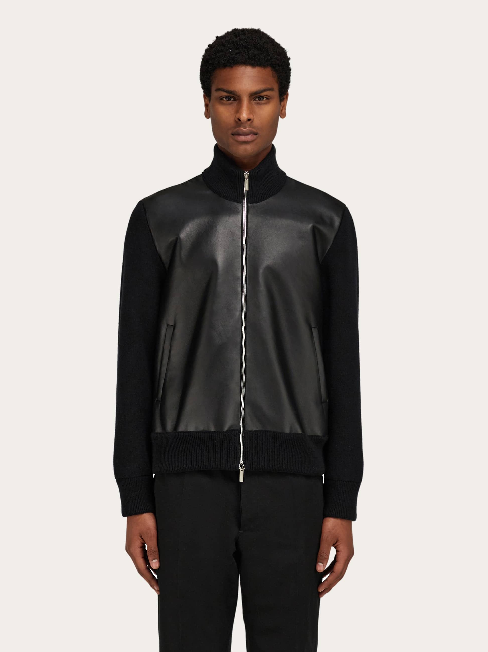 Ferragamo Luxury Wool And Leather Zip Cardigan For Men In Black