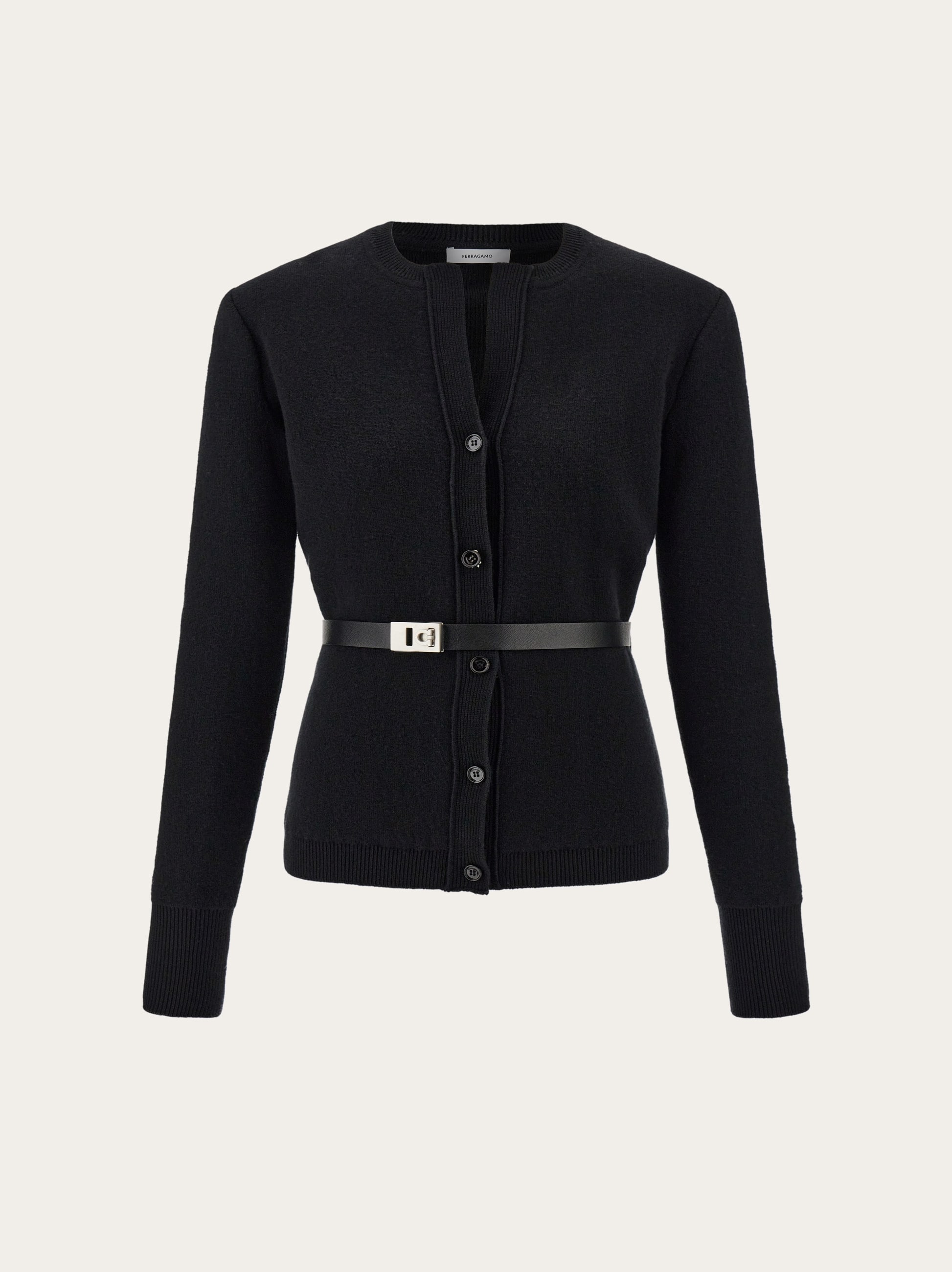 Ferragamo Pure Wool Cardigan With Leather Belt In Black