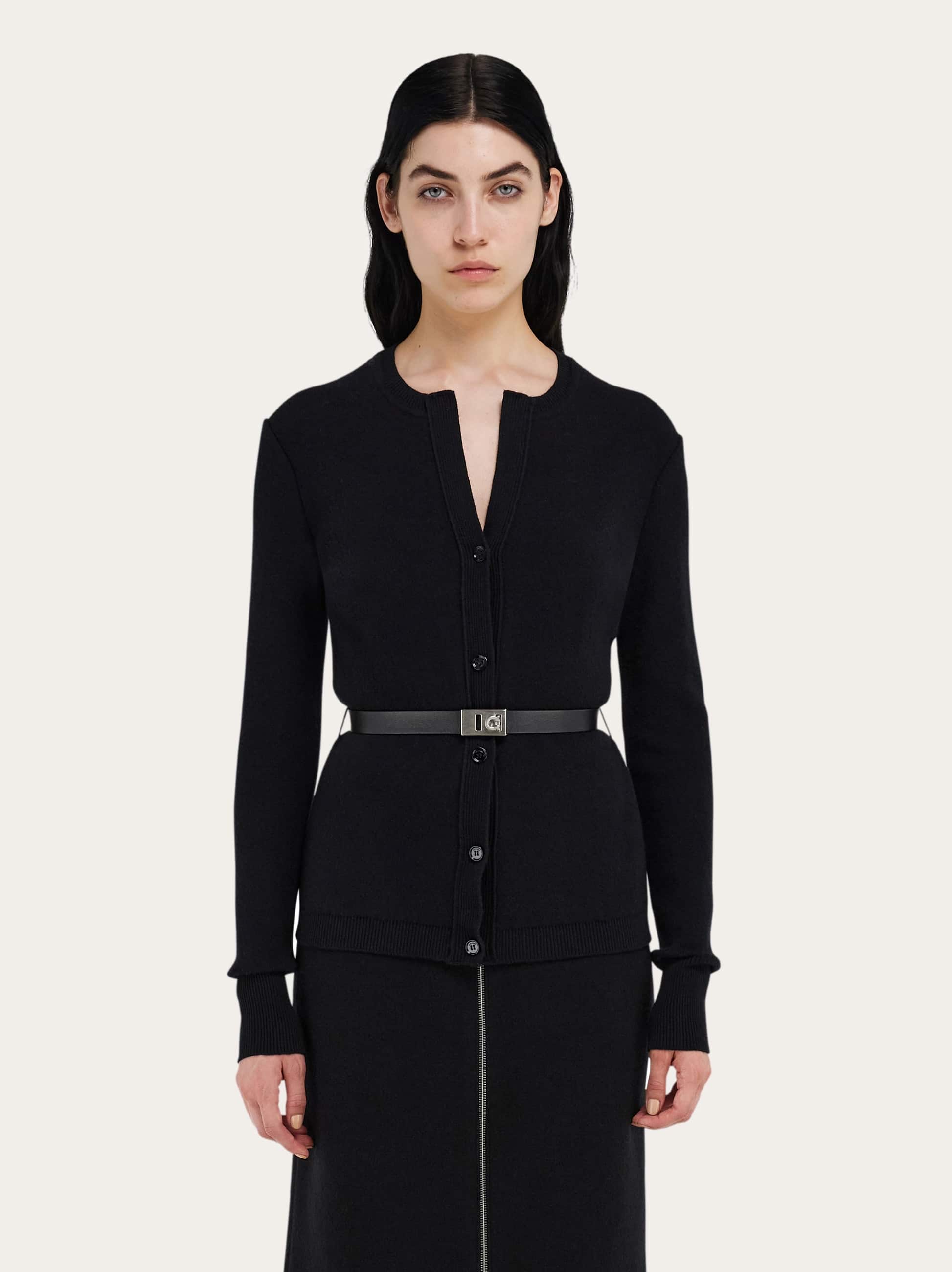 Ferragamo Pure Wool Cardigan With Leather Belt In Black