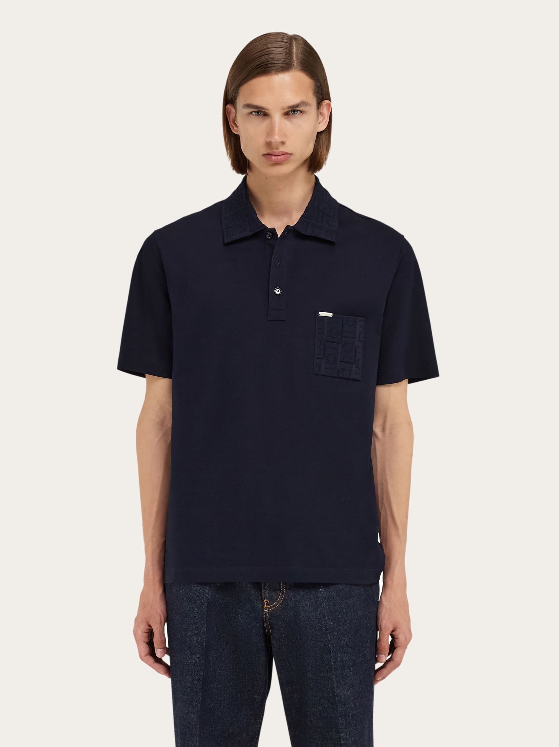 Ferragamo V-neck Polo With Jacquard Pocket Detail In Blue