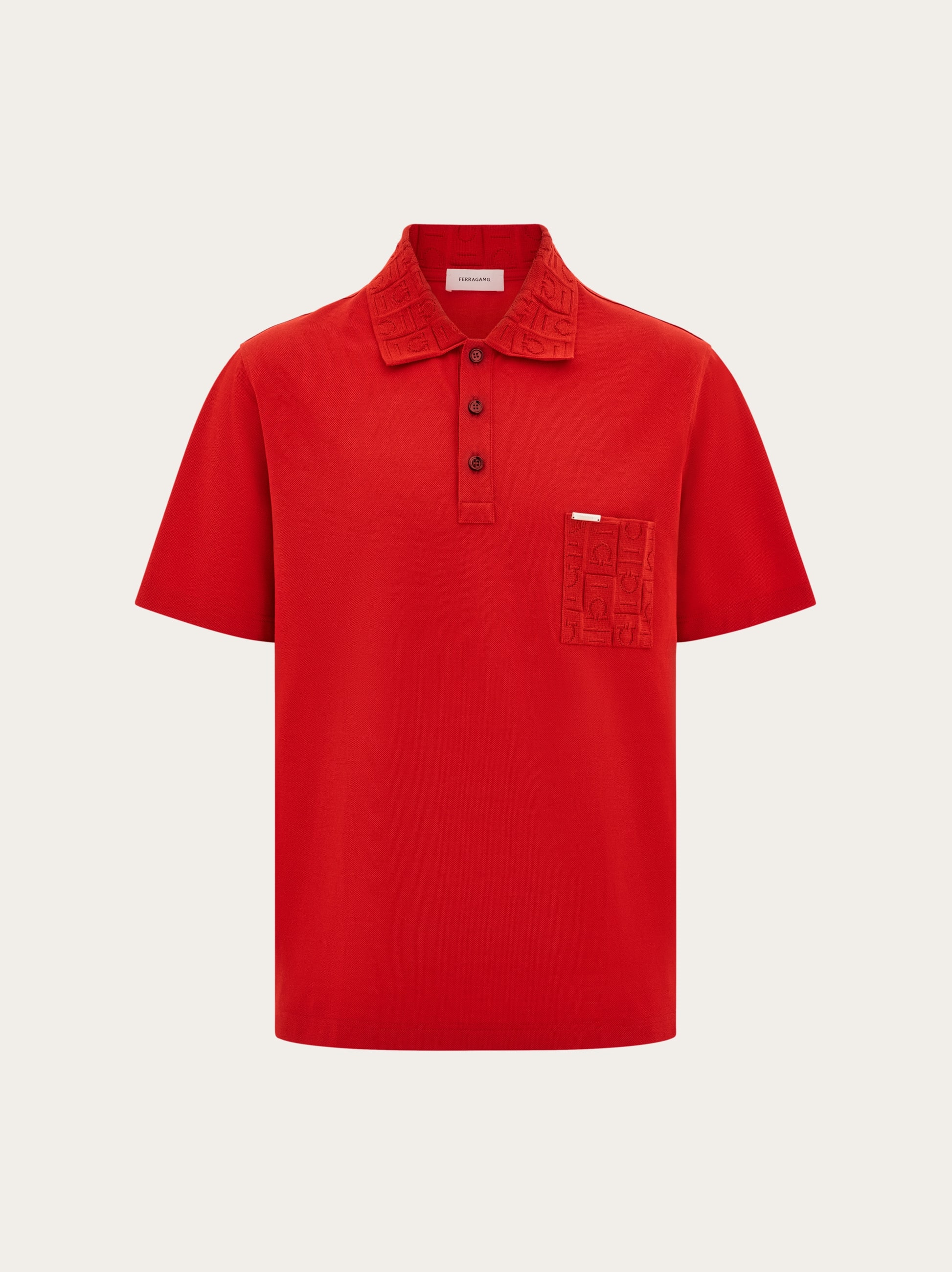 Ferragamo V-neck Polo With Jacquard Pocket Detail In Red