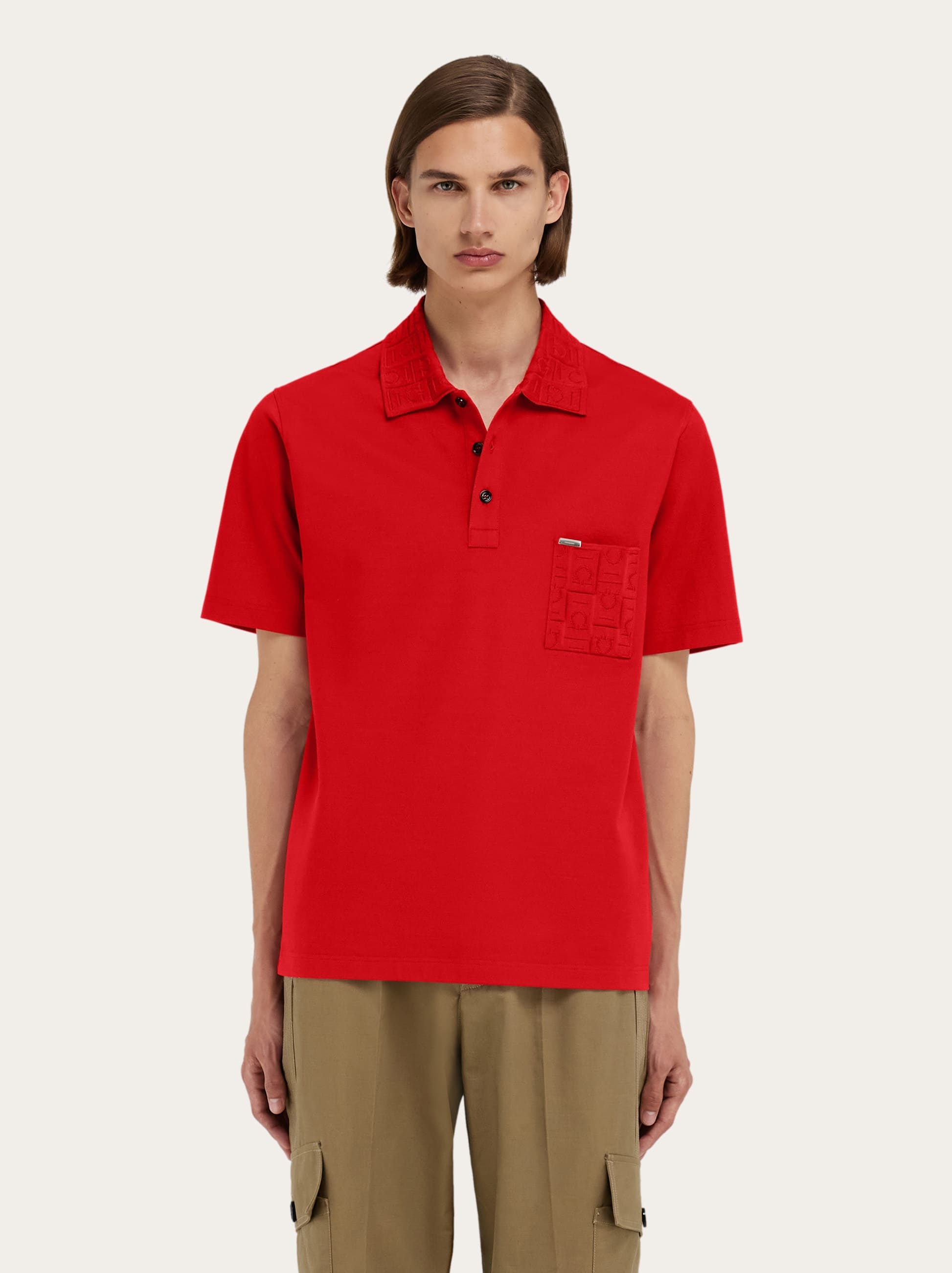 Ferragamo V-neck Polo With Jacquard Pocket Detail In Red