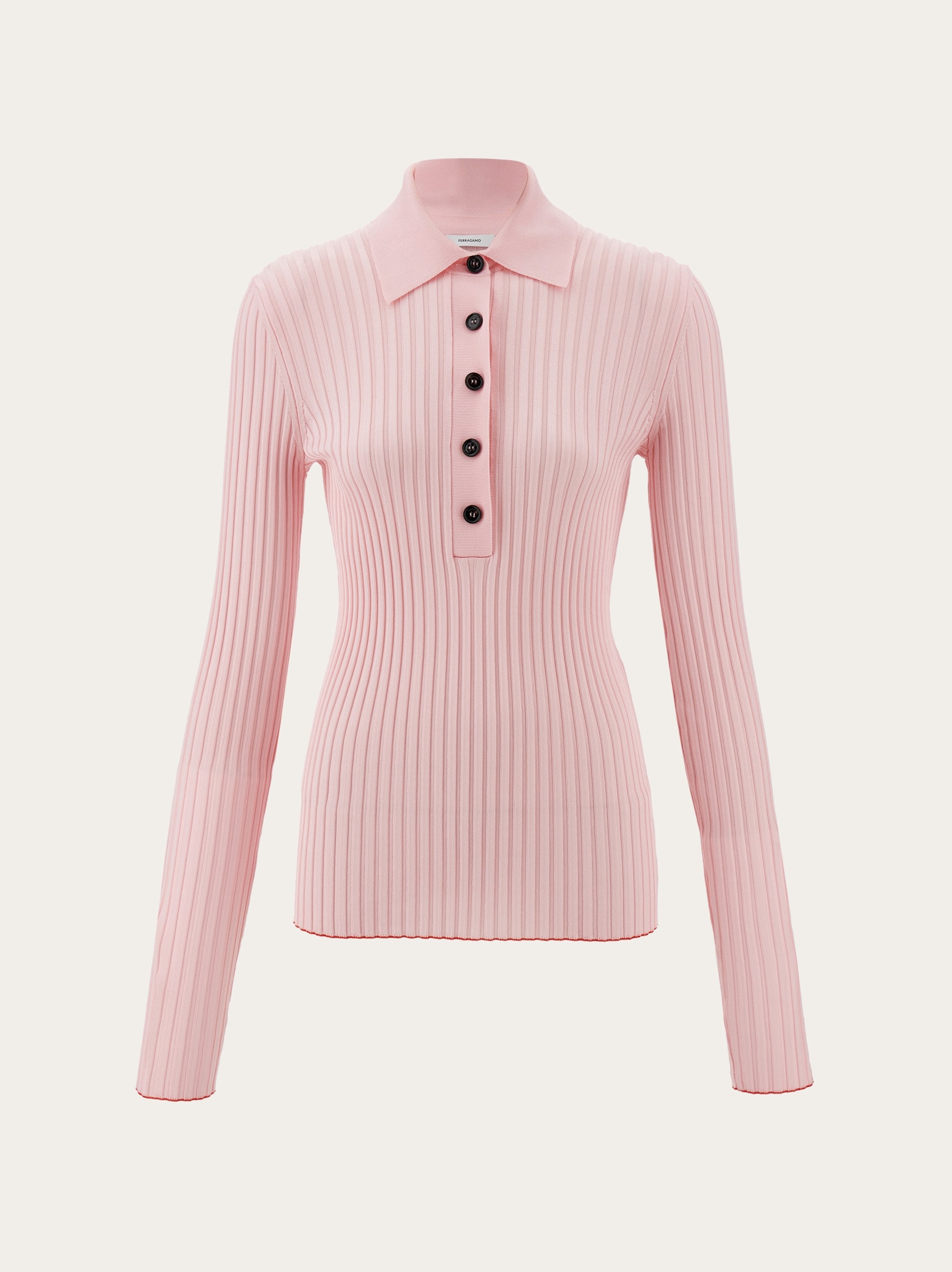 Ferragamo Long Sleeved Ribbed Knit Polo Top In White