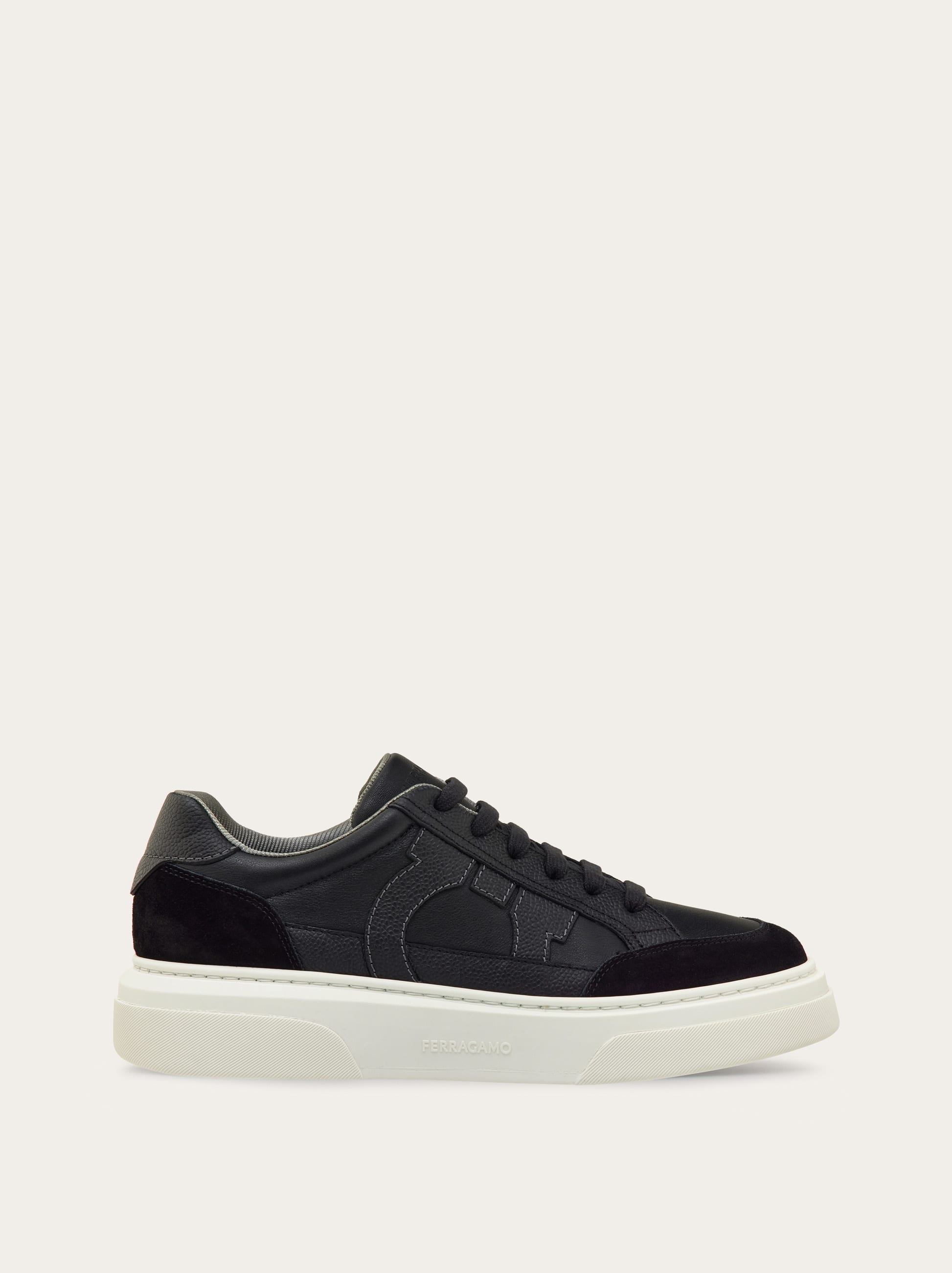 Ferragamo Low Top Sneaker With Gancini Ornament In Black