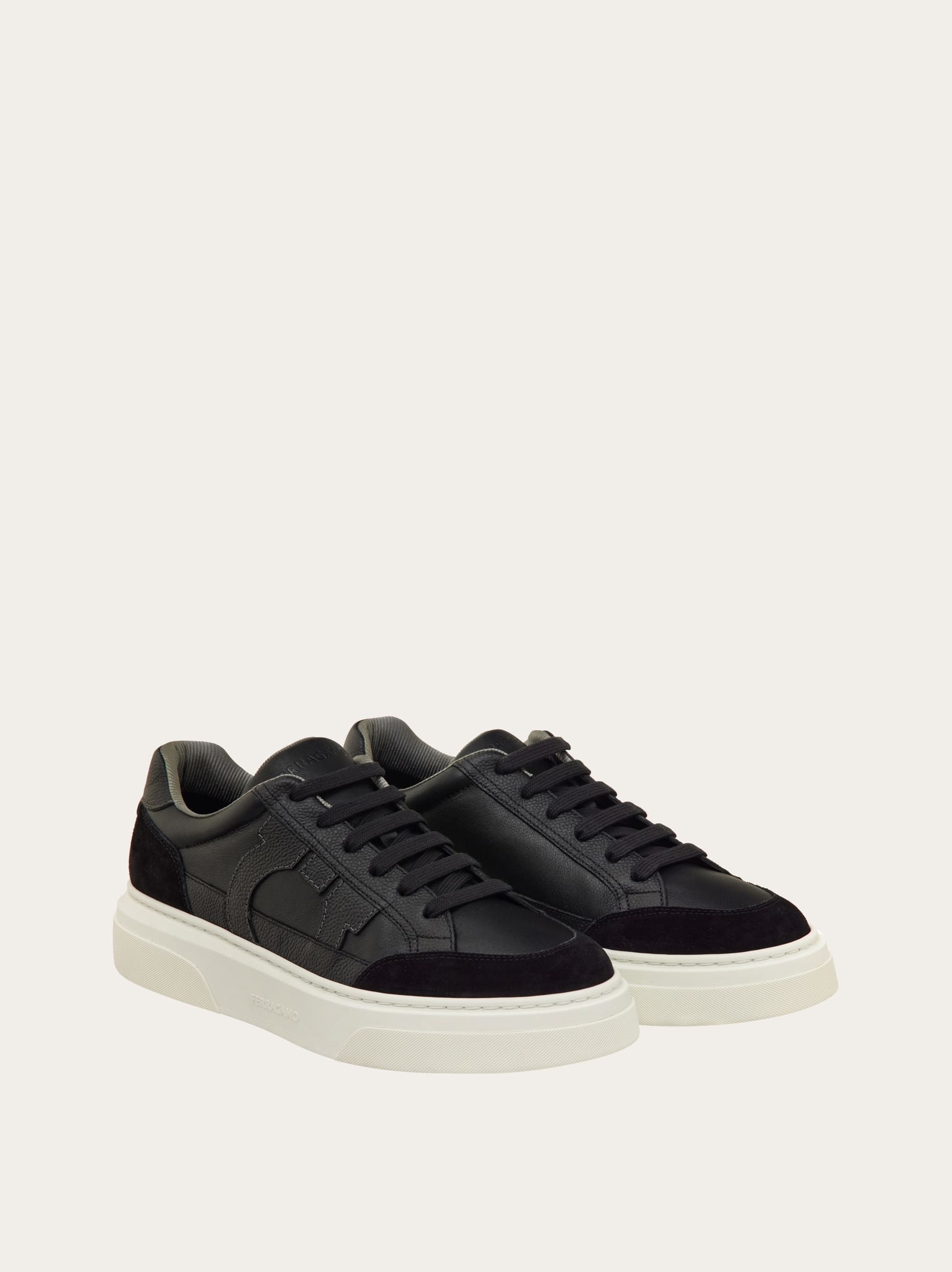 Ferragamo Low Top Sneaker With Gancini Ornament In Black
