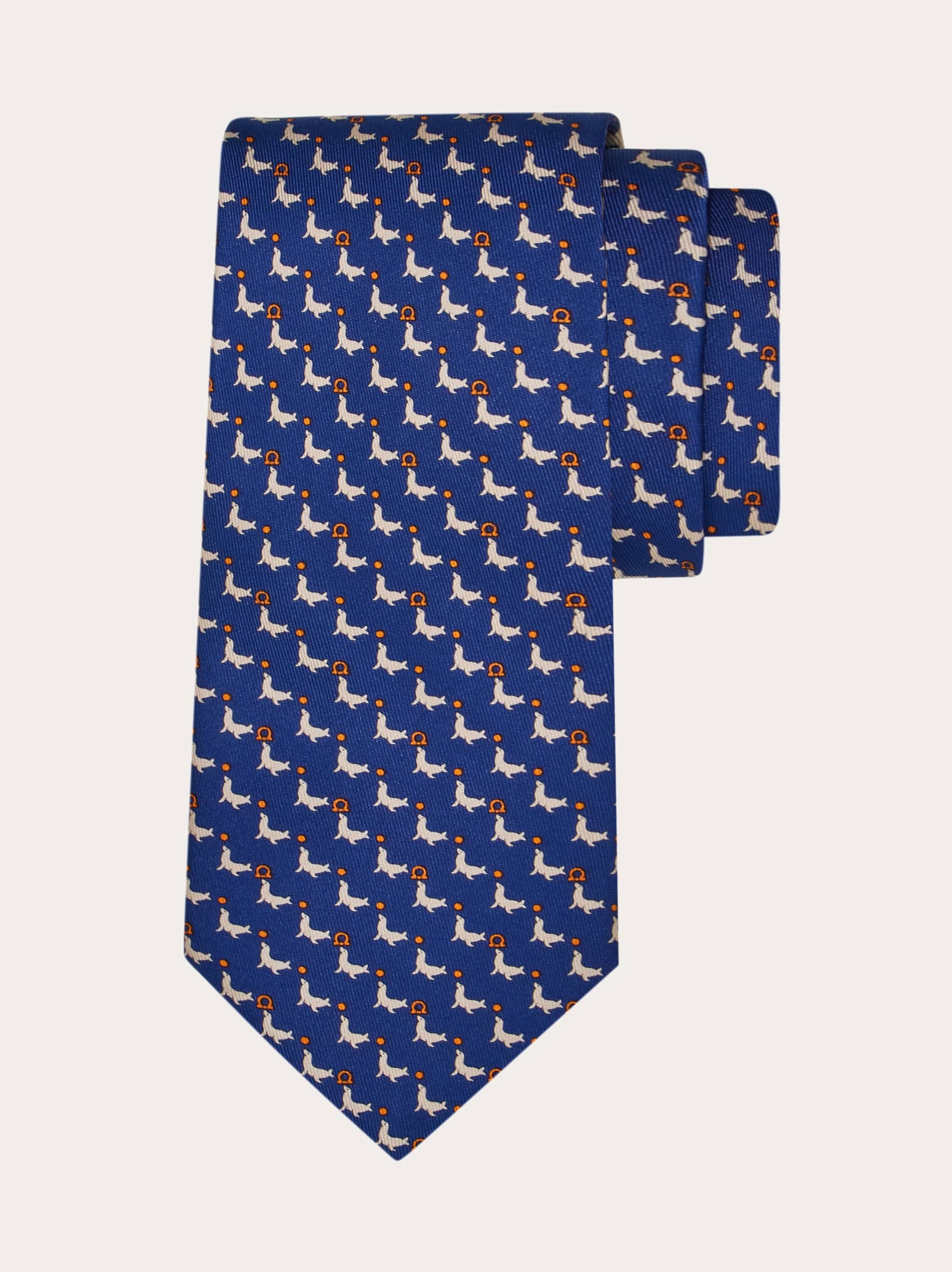 Ferragamo Seal Print Silk Tie In Blue