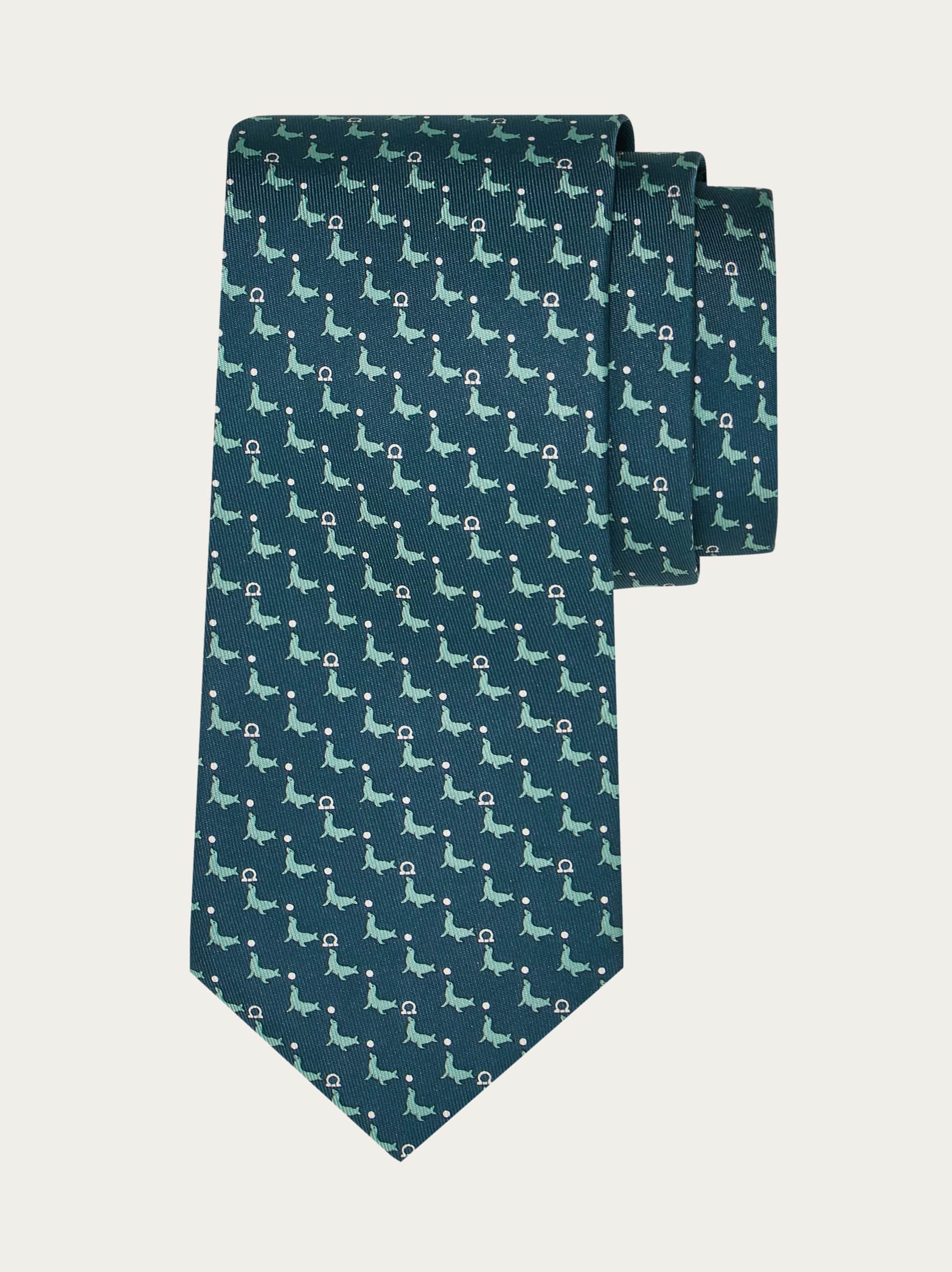 Ferragamo Seal Print Silk Tie In Green