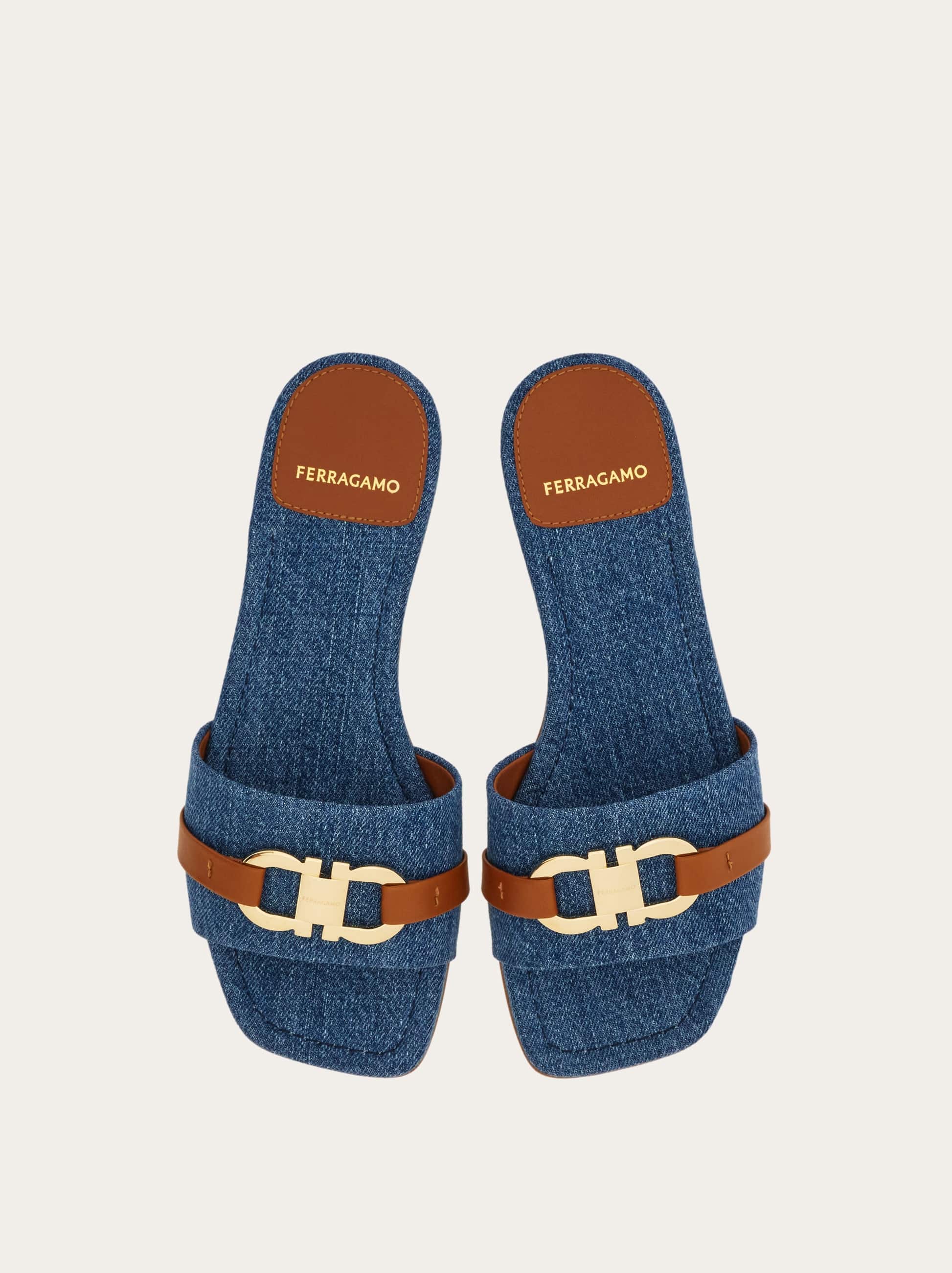 Ferragamo Leah Gancini Bit Denim Slide Sandals In Blue