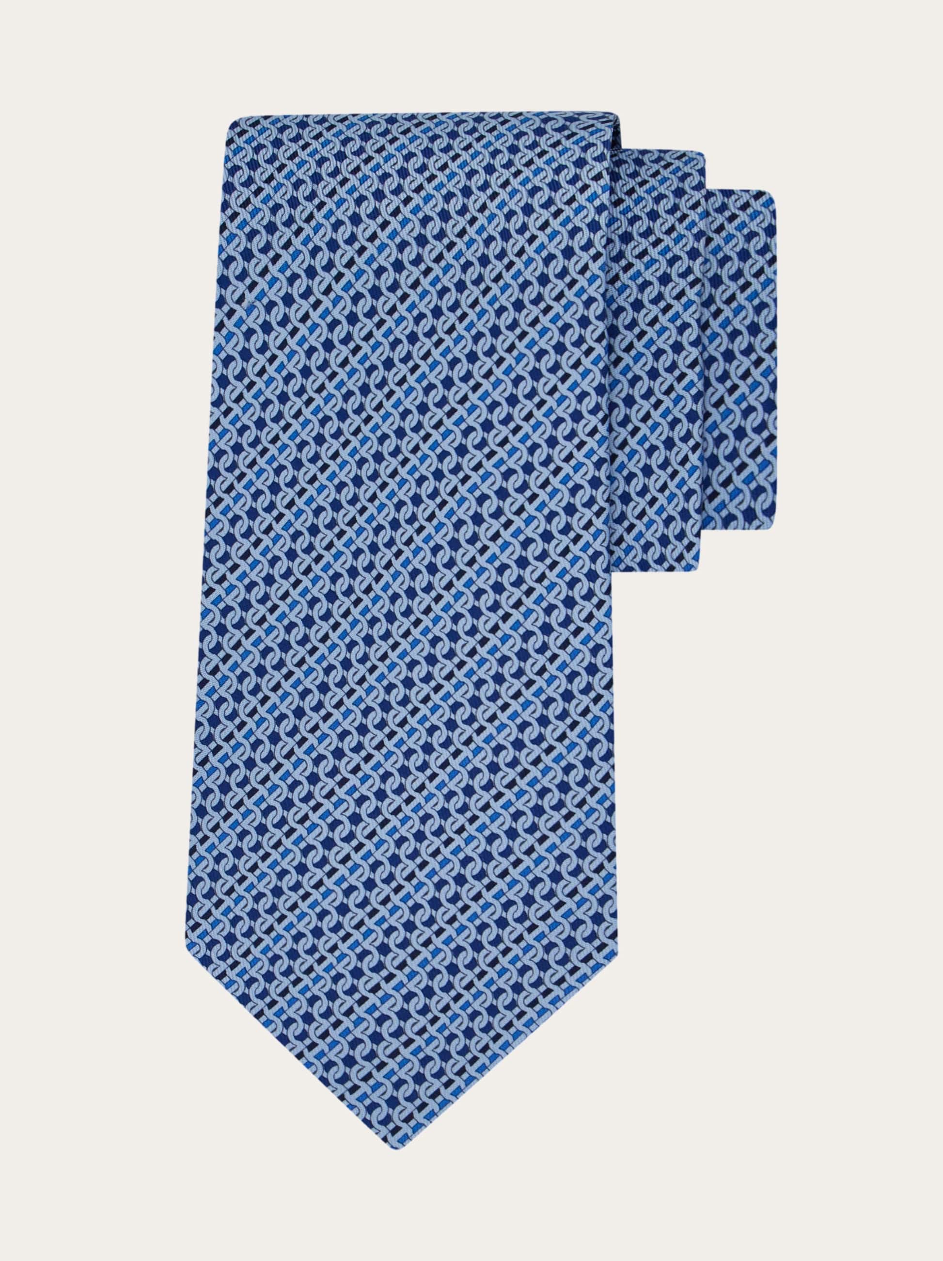 Ferragamo Printed Silk Tie With Interlocking Gancini And Regimental Stripes In Blue