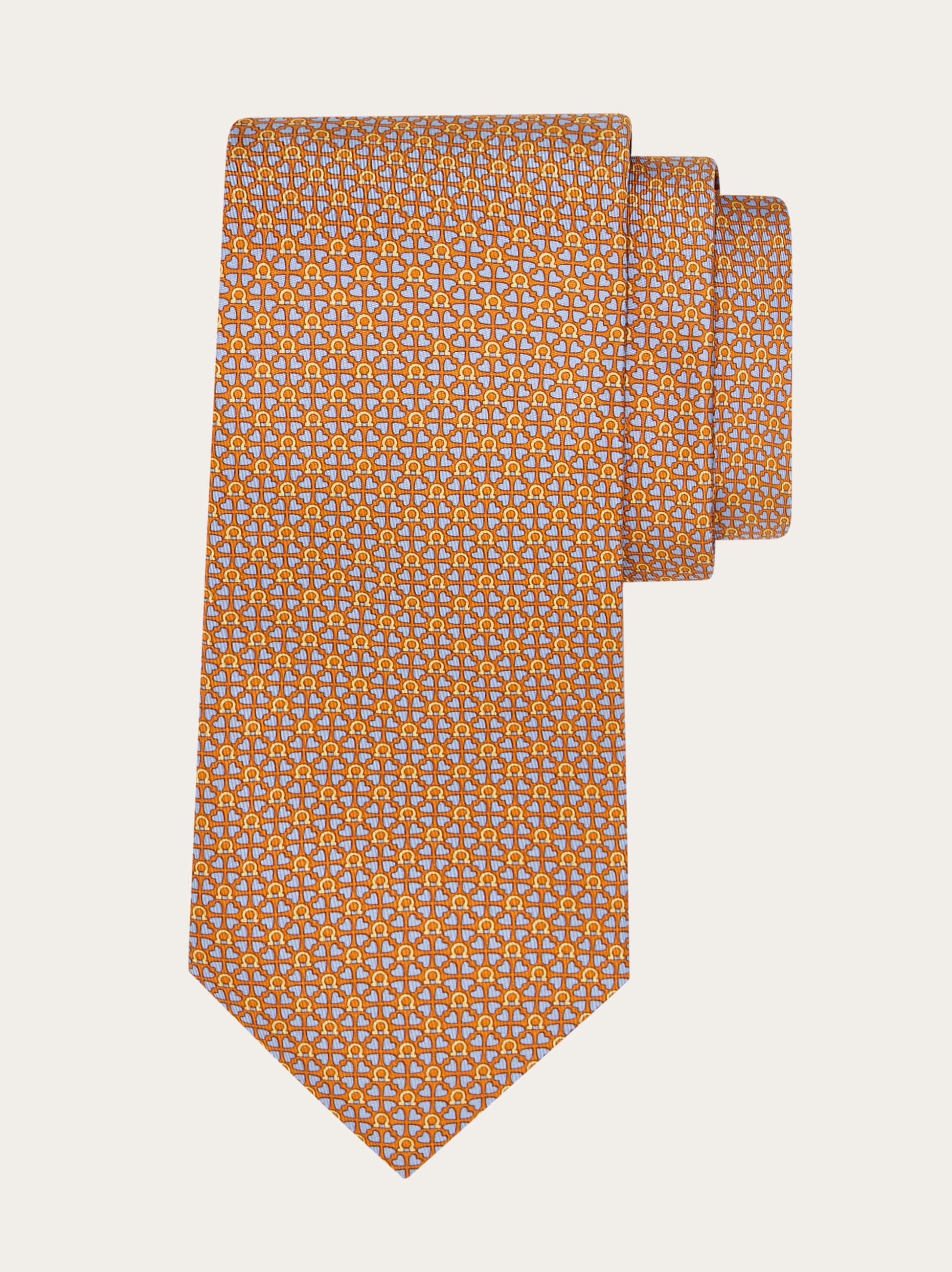 Ferragamo Printed Silk Tie With Hearts And Gancini In Orange