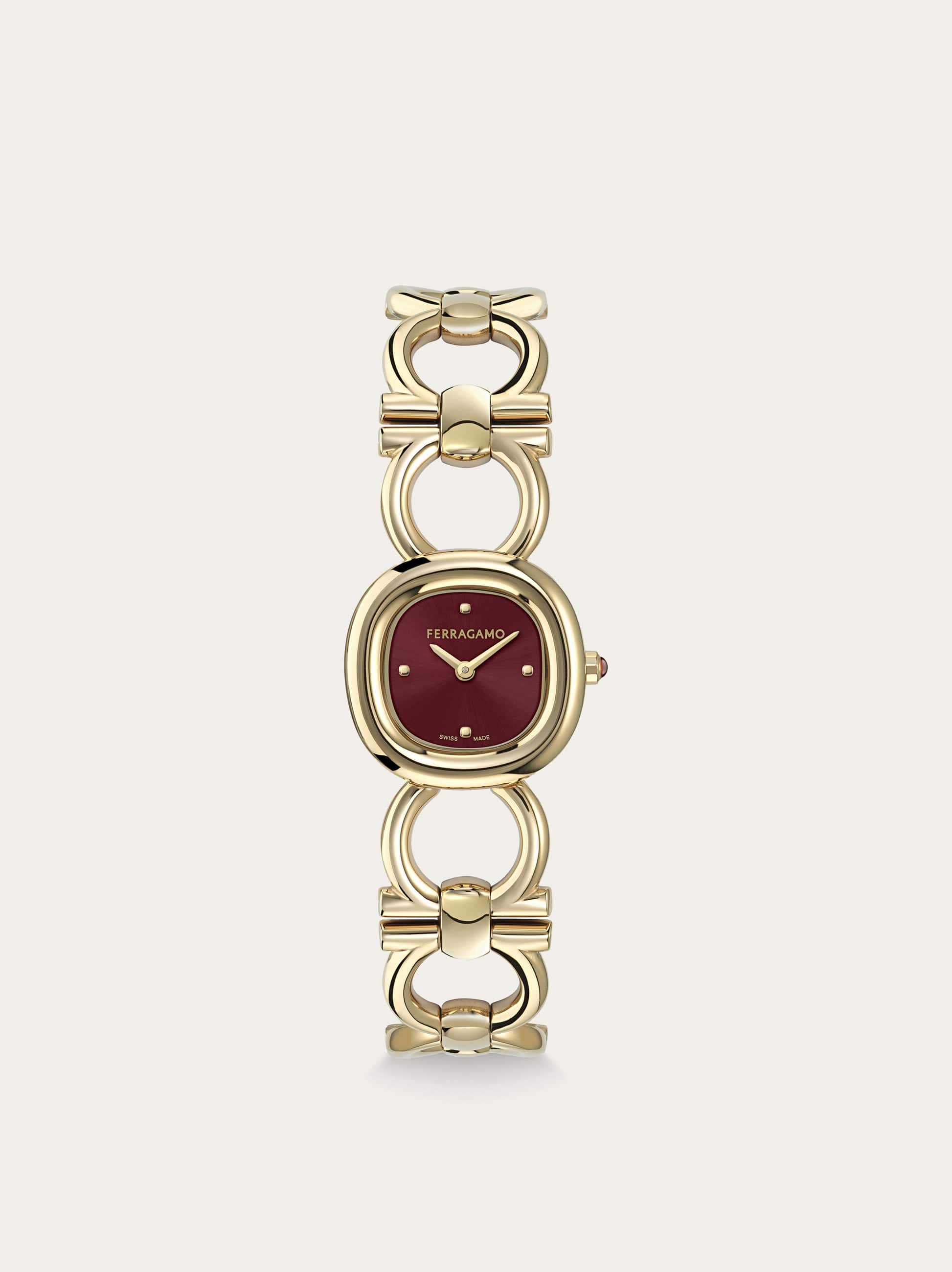 Ferragamo Double Gancini 25mm In Ip Yellow Gold/burgundy
