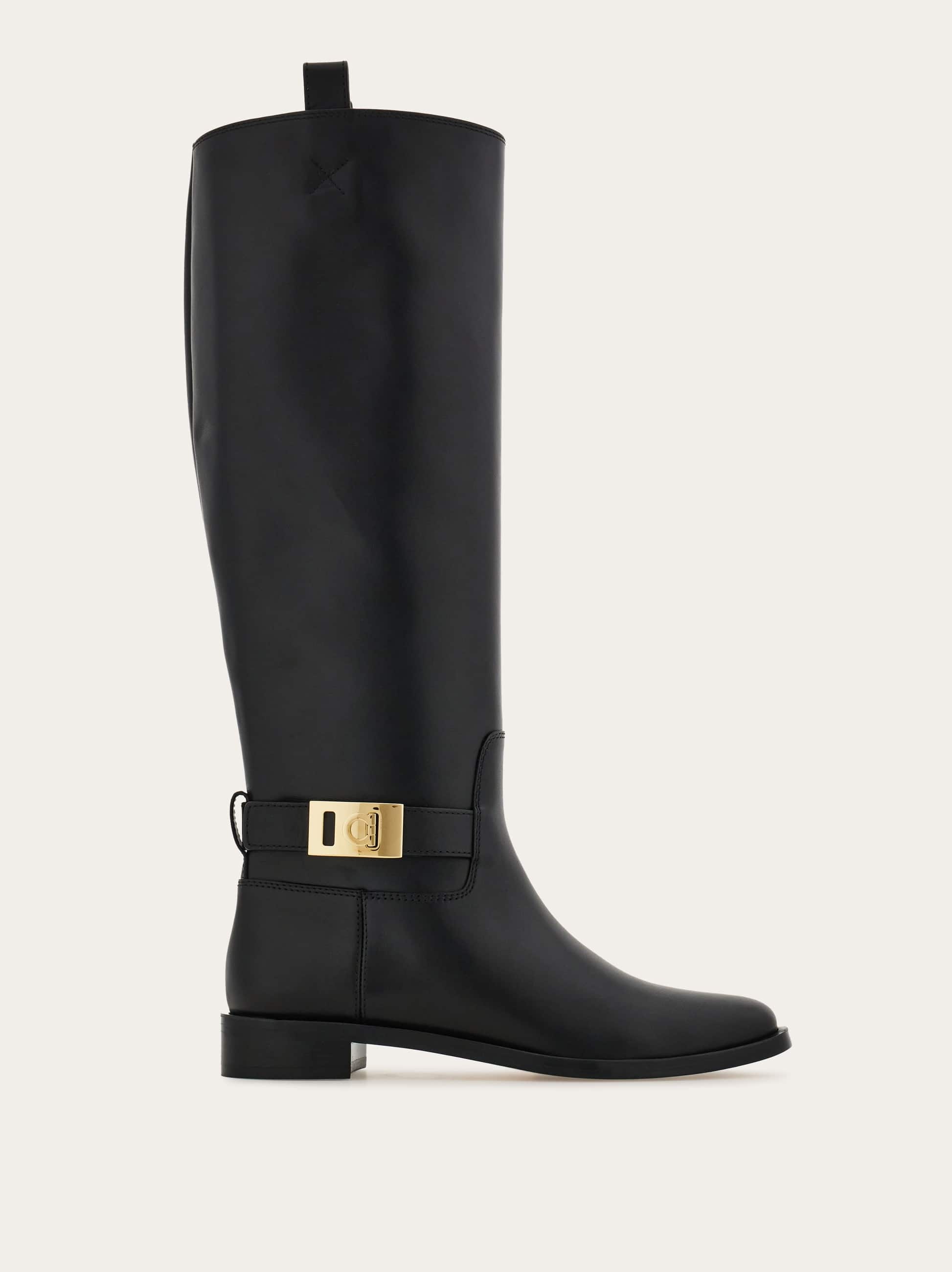 Ferragamo Knee High Boot With Hug Buckle Detail In Black