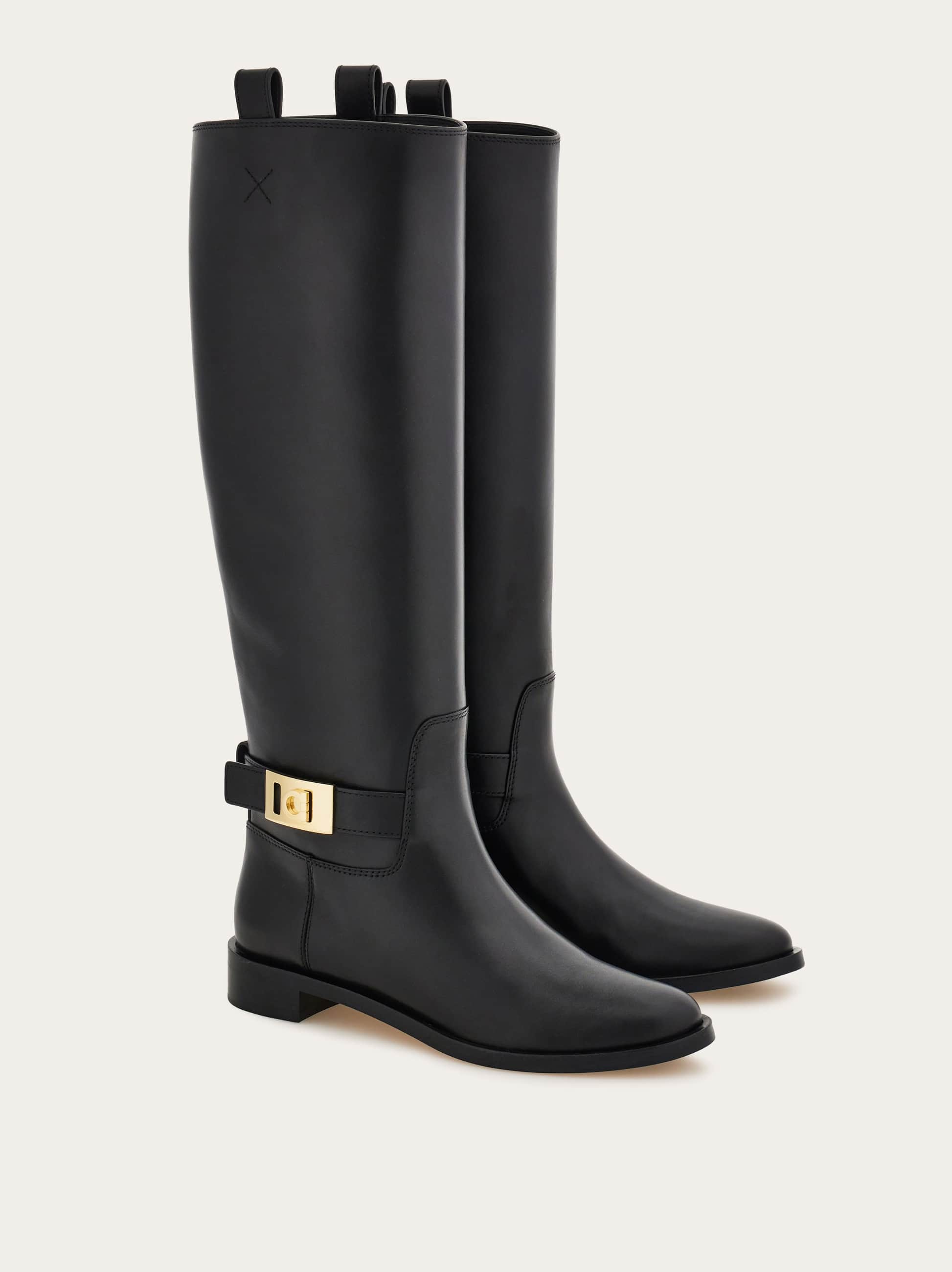 Ferragamo Knee High Boot With Hug Buckle Detail In Black