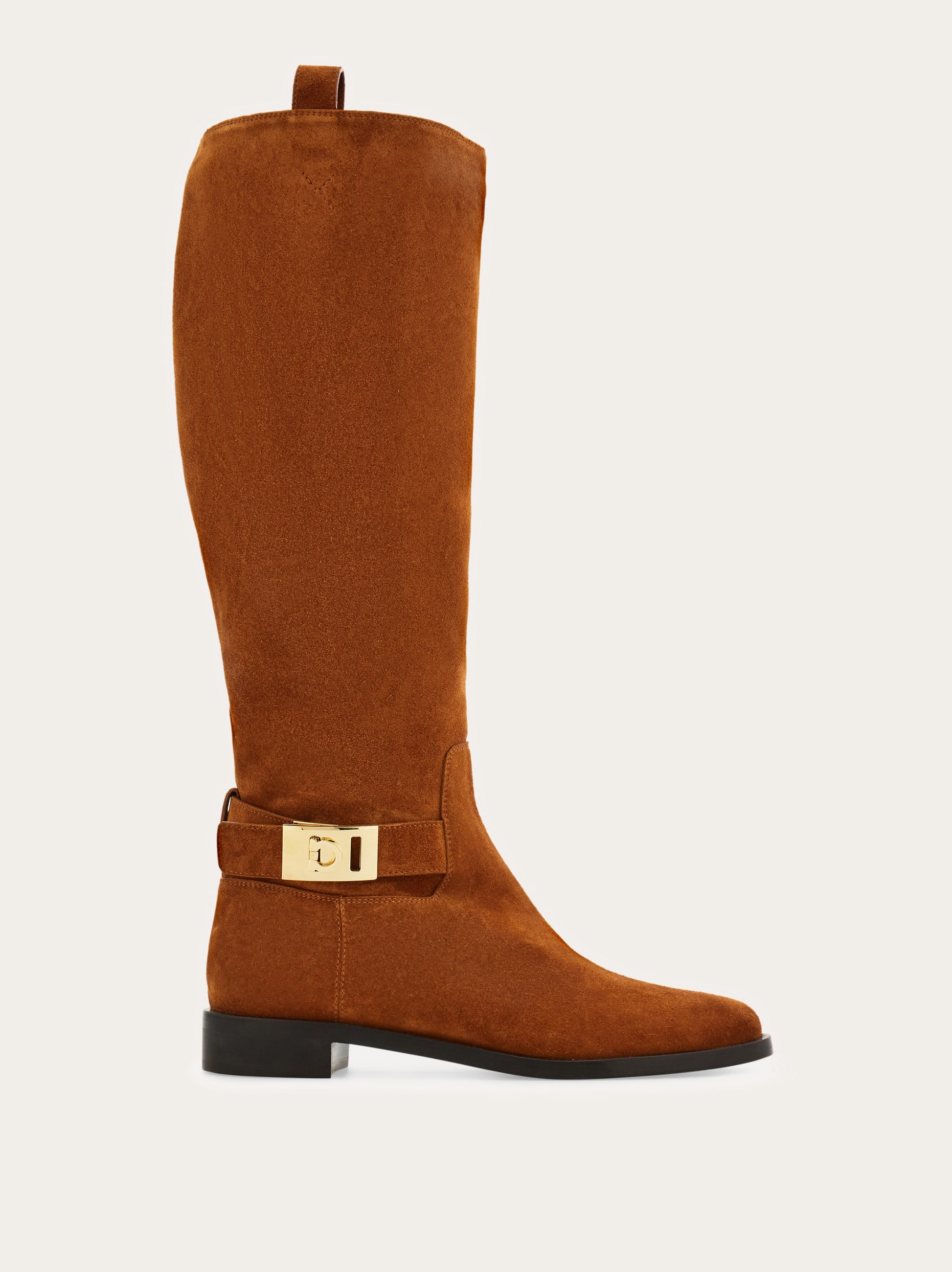 Ferragamo Knee High Boot With Hug Buckle Detail In Brown