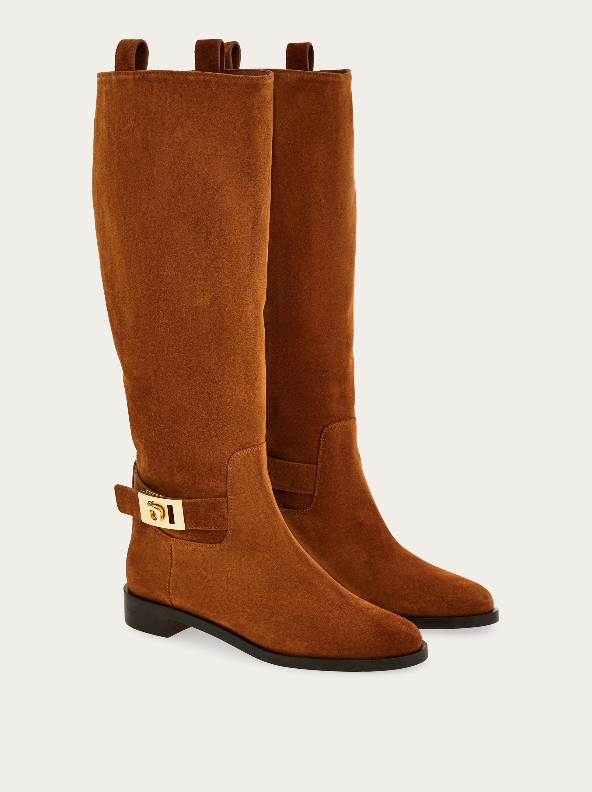Ferragamo Knee High Boot With Hug Buckle Detail In Brown