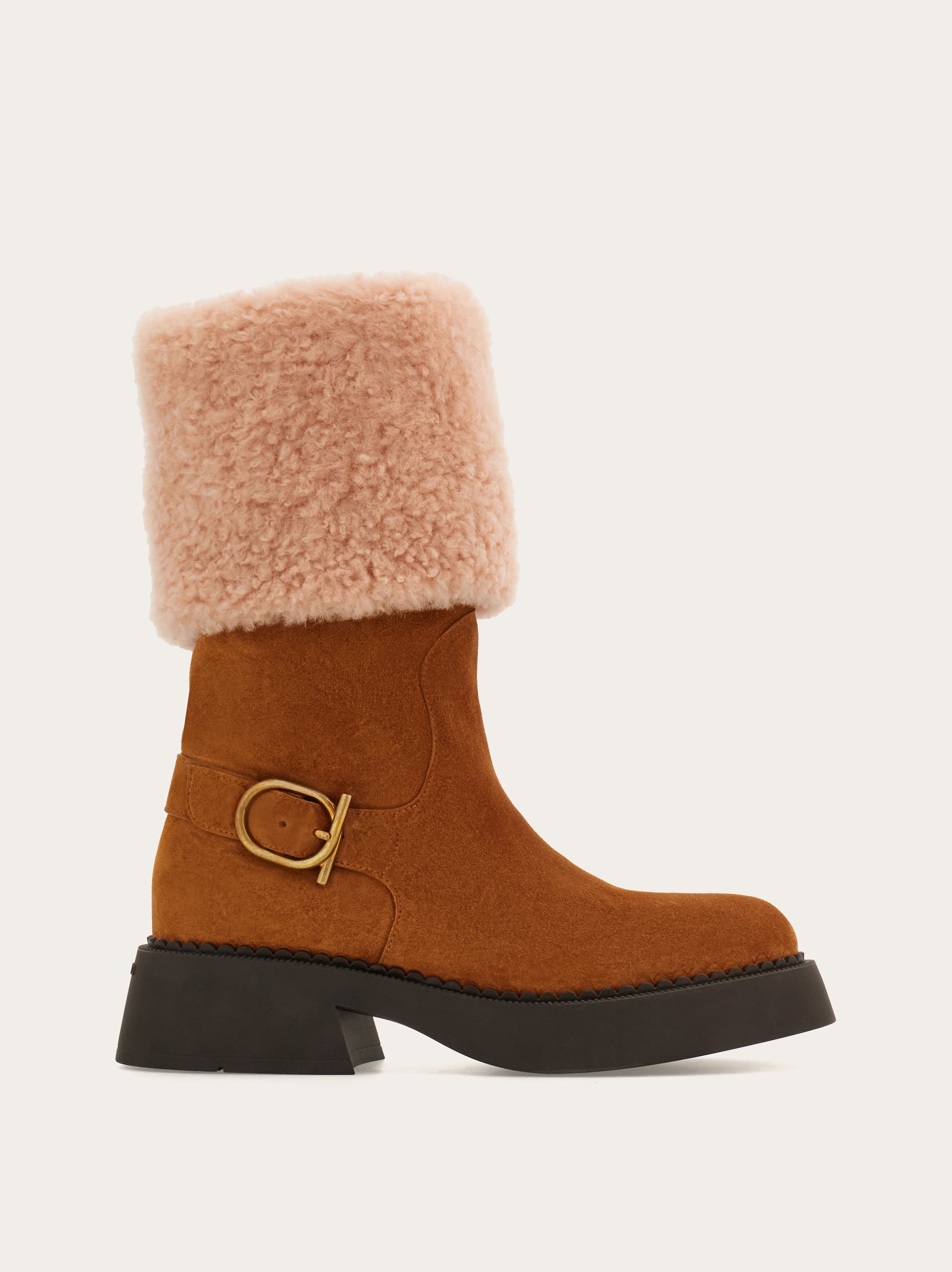 Ferragamo Ankle Boot With Chunky Shearling Detail In Brown