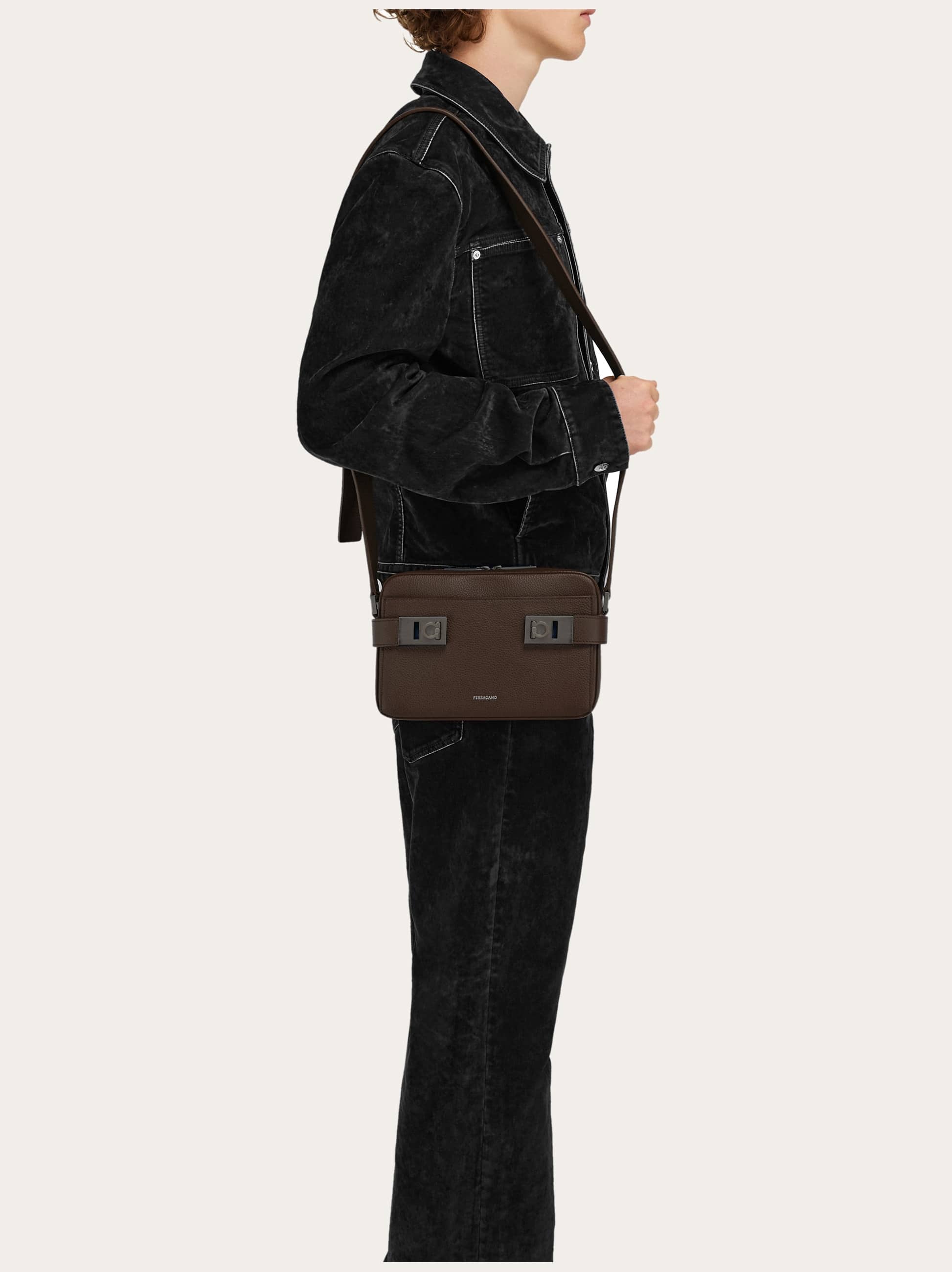 Ferragamo East-west Gancini-buckle Leather Messenger Bag In Brown