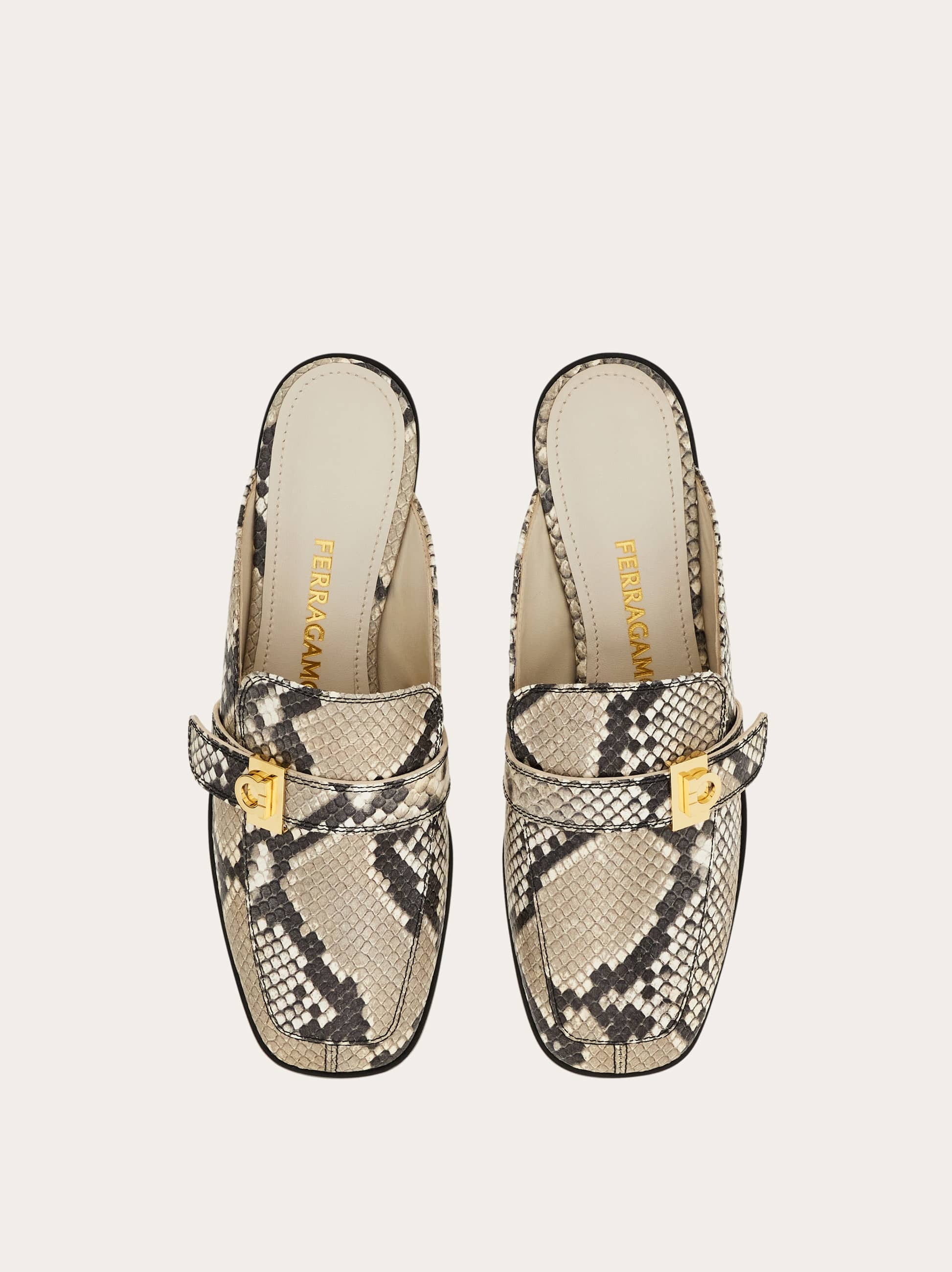 Ferragamo Snakeskin Buckle Mule In Gray