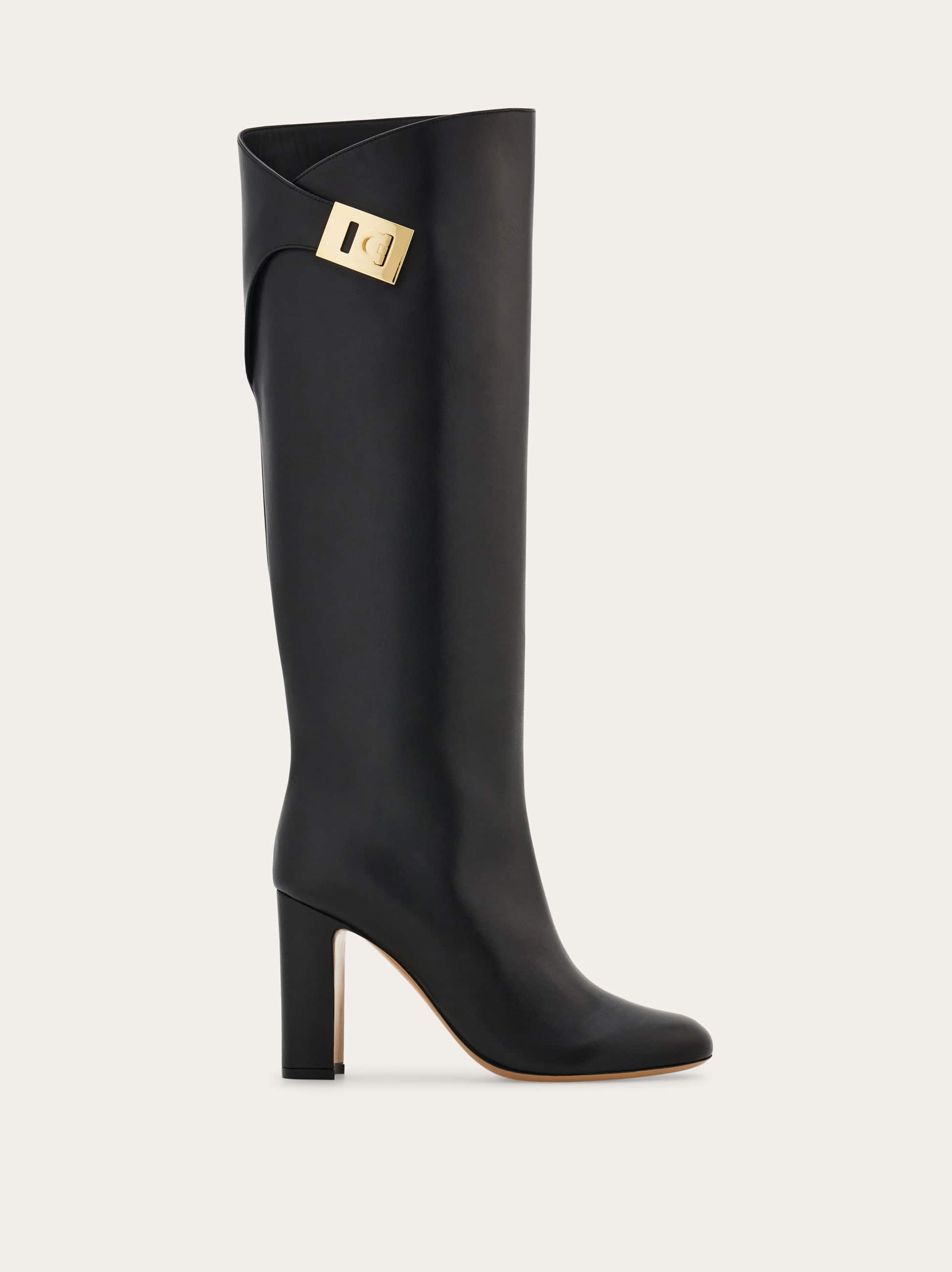 Ferragamo Knee High Boot With Hug Buckle Detail In Black