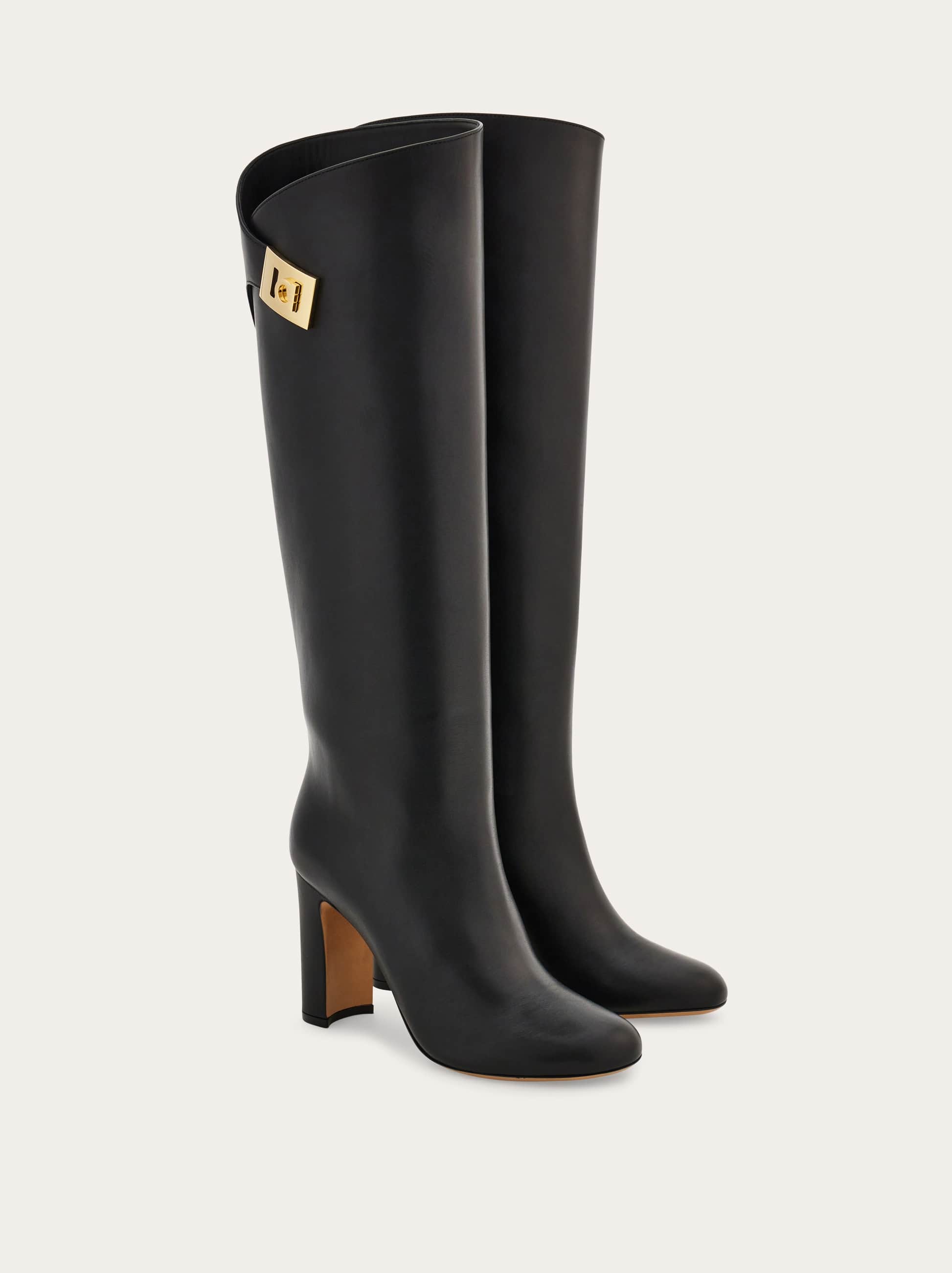 Ferragamo Knee High Boot With Hug Buckle Detail In Black