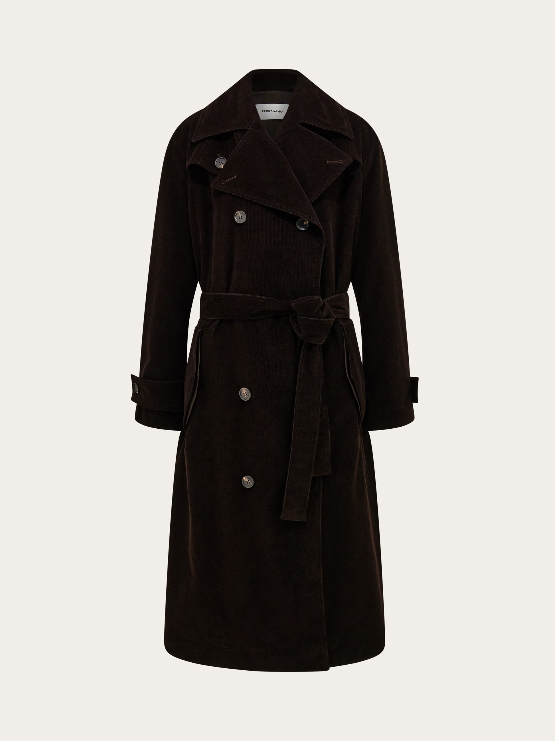 Ferragamo Double-breasted Corduroy Trench Coat In Brown