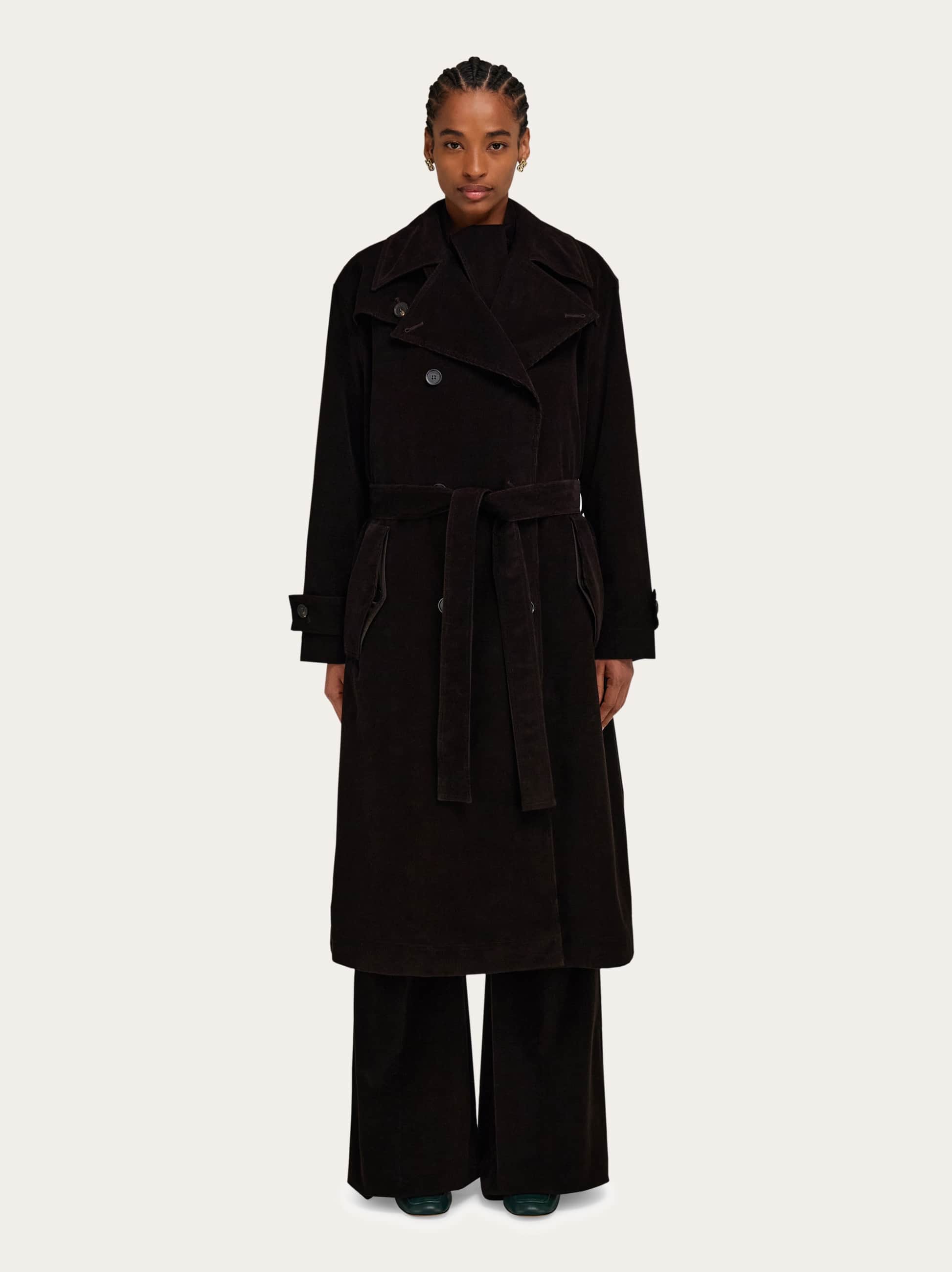 Ferragamo Double-breasted Corduroy Trench Coat In Brown