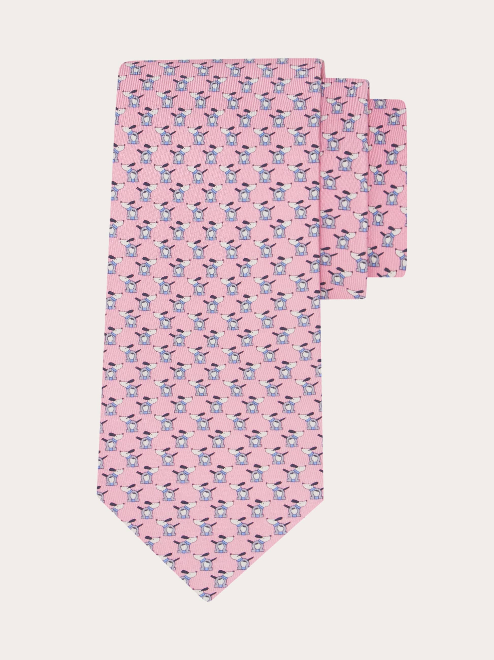 Ferragamo Printed Silk Tie With Dogs And Gancios In Pink