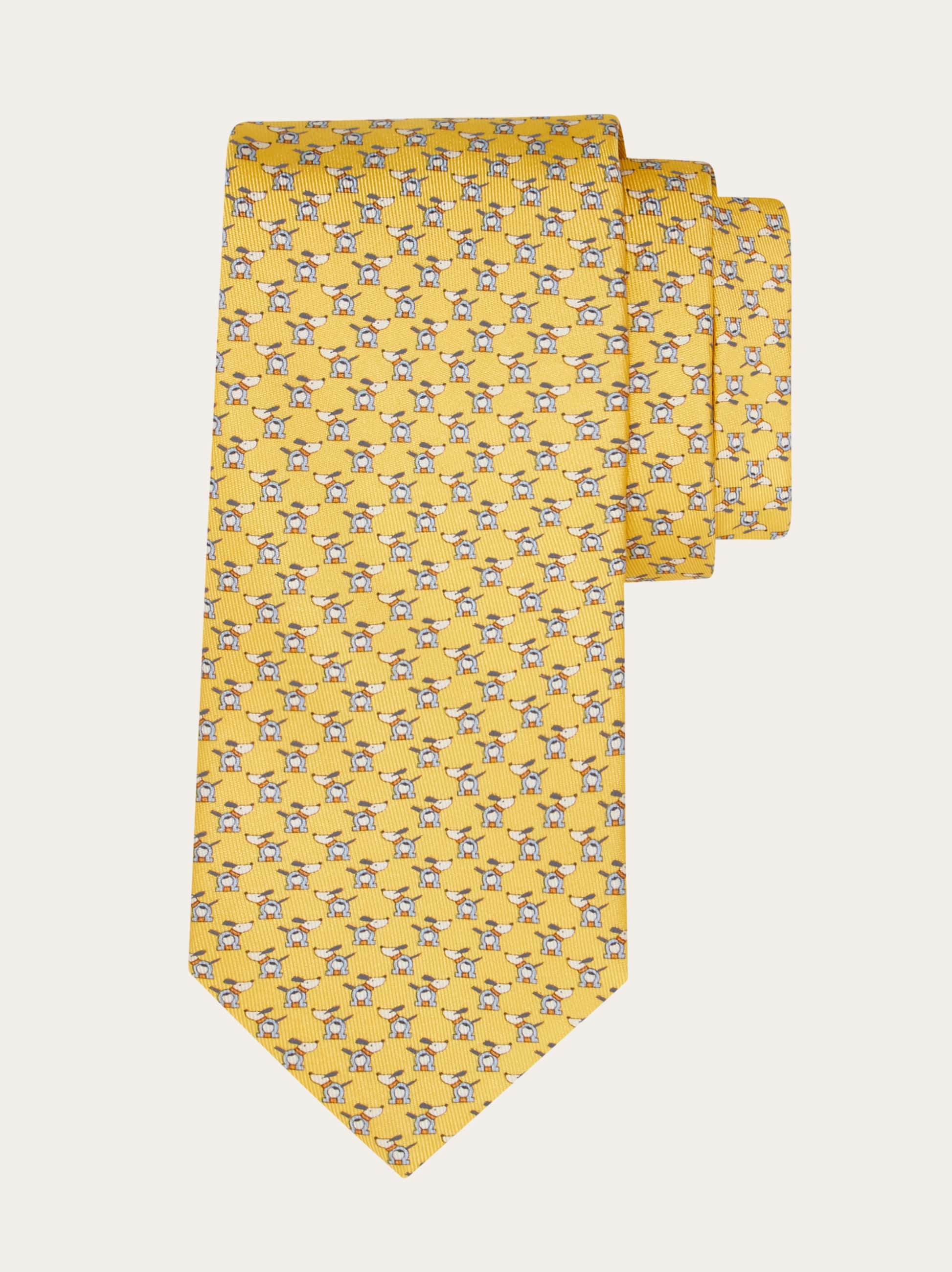 Ferragamo Printed Silk Tie With Dogs And Gancios In Yellow