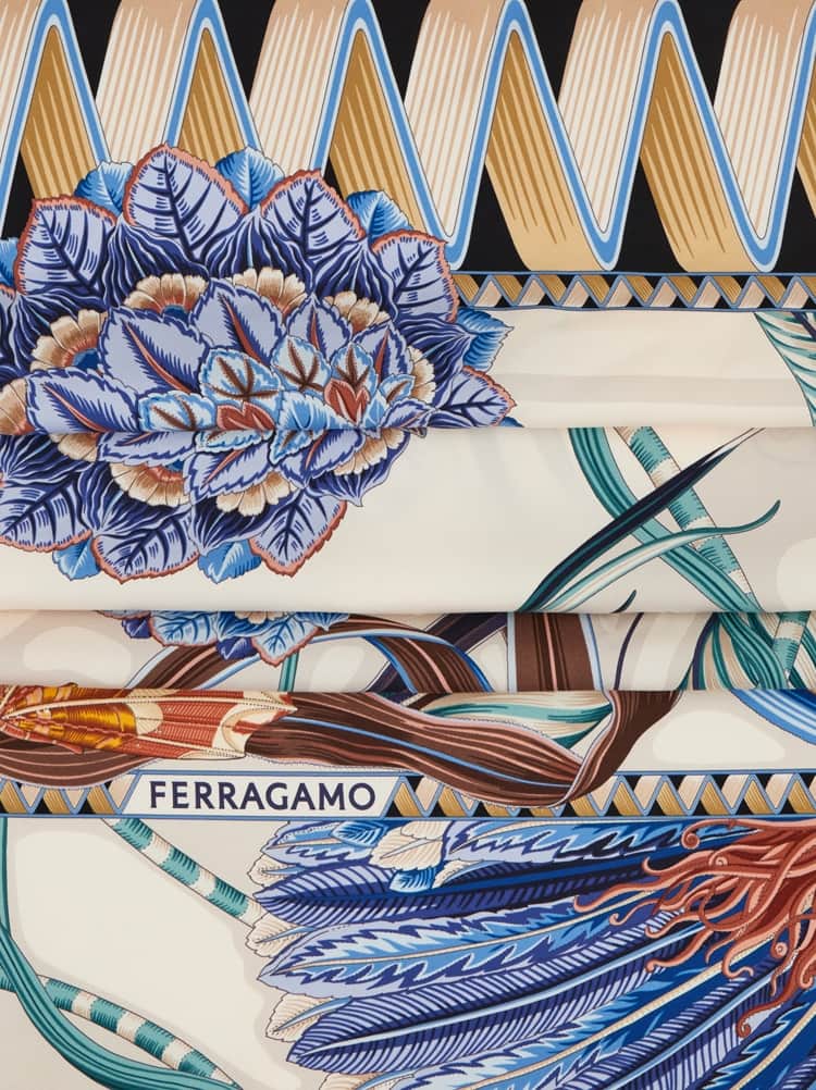 Ferragamo Giada Triangle Scarf Butterfly Motif Leaves In Blue