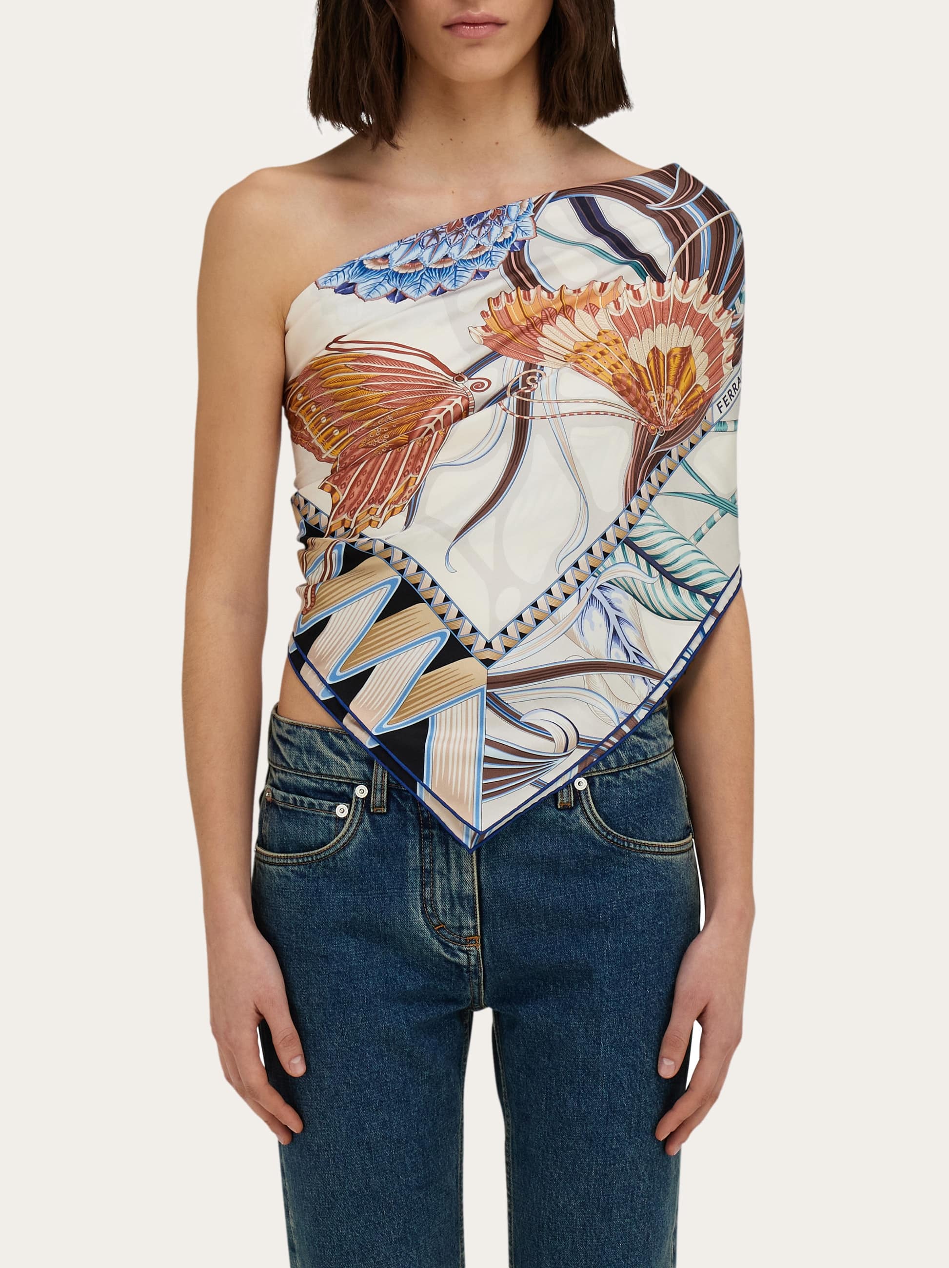 Ferragamo Giada Triangle Scarf Butterfly Motif Leaves In Blue