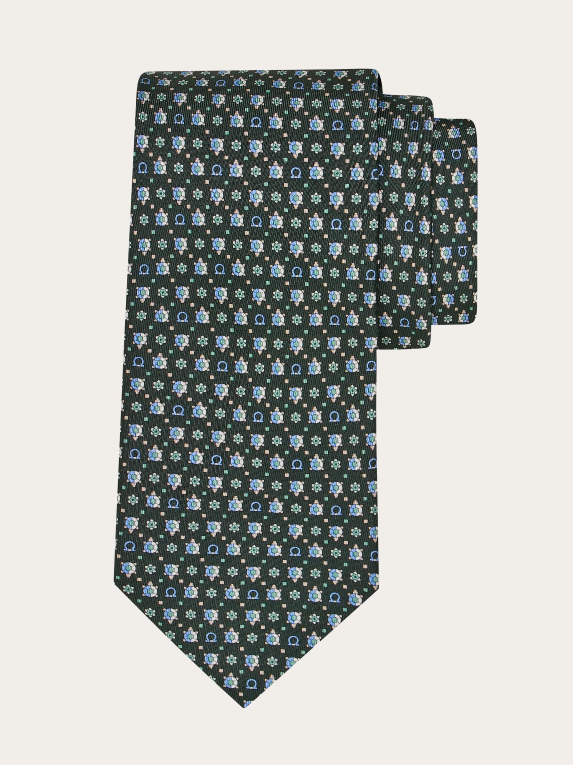 Ferragamo Turtle Print Silk Tie In Green