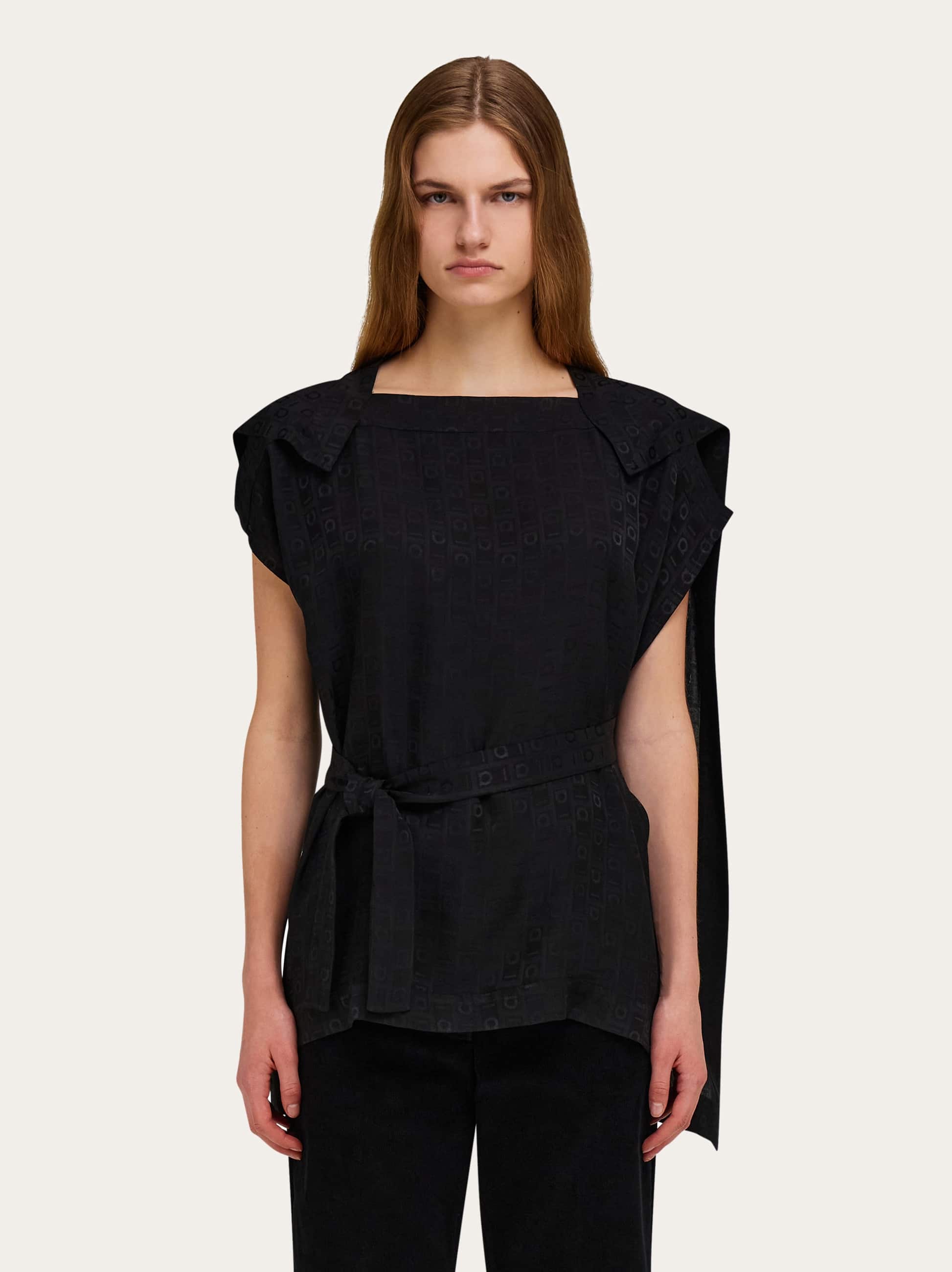 Ferragamo Gancini-print Belted Blouse In Black